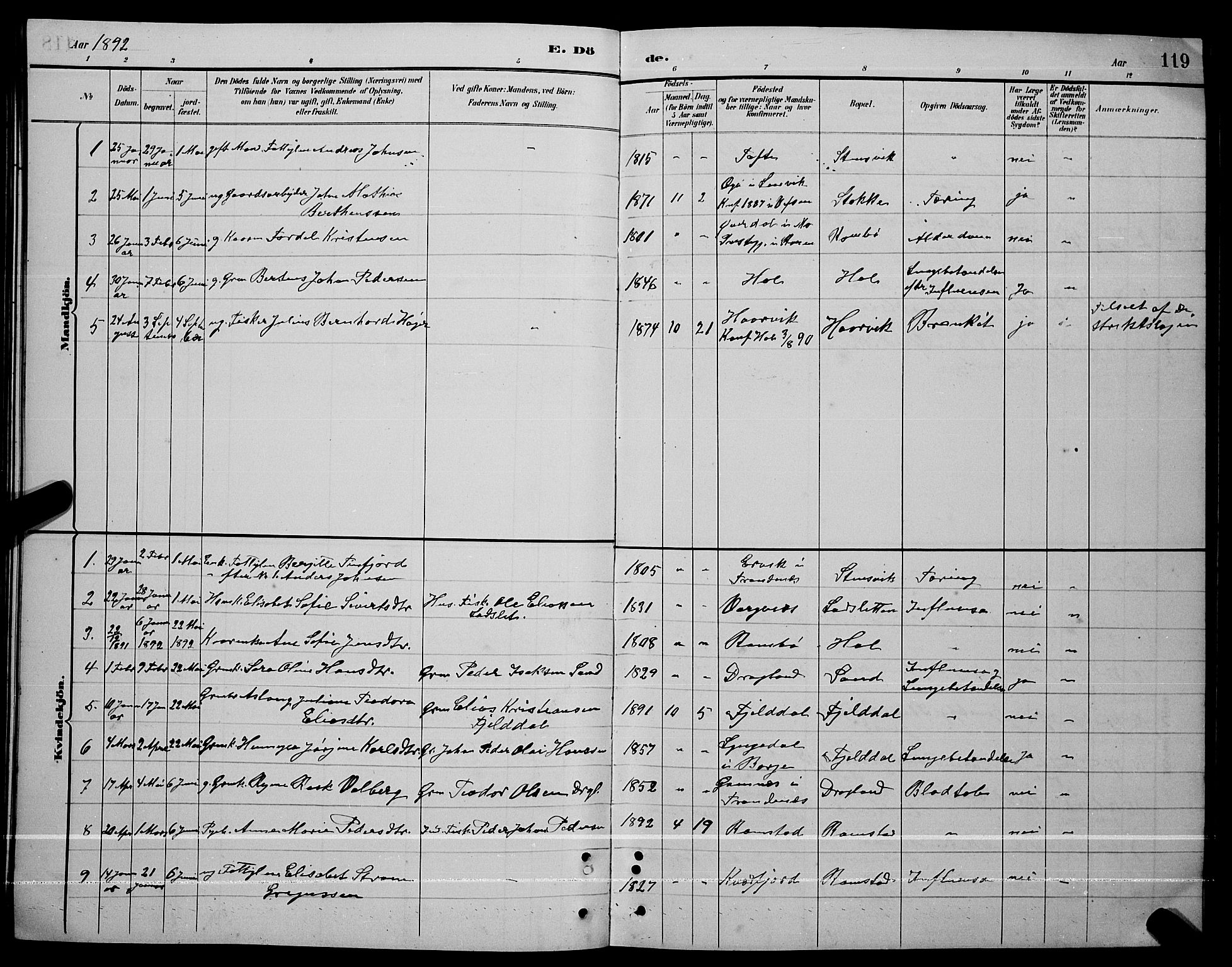 Ministerialprotokoller, klokkerbøker og fødselsregistre - Nordland, AV/SAT-A-1459/865/L0931: Parish register (copy) no. 865C03, 1885-1901, p. 119