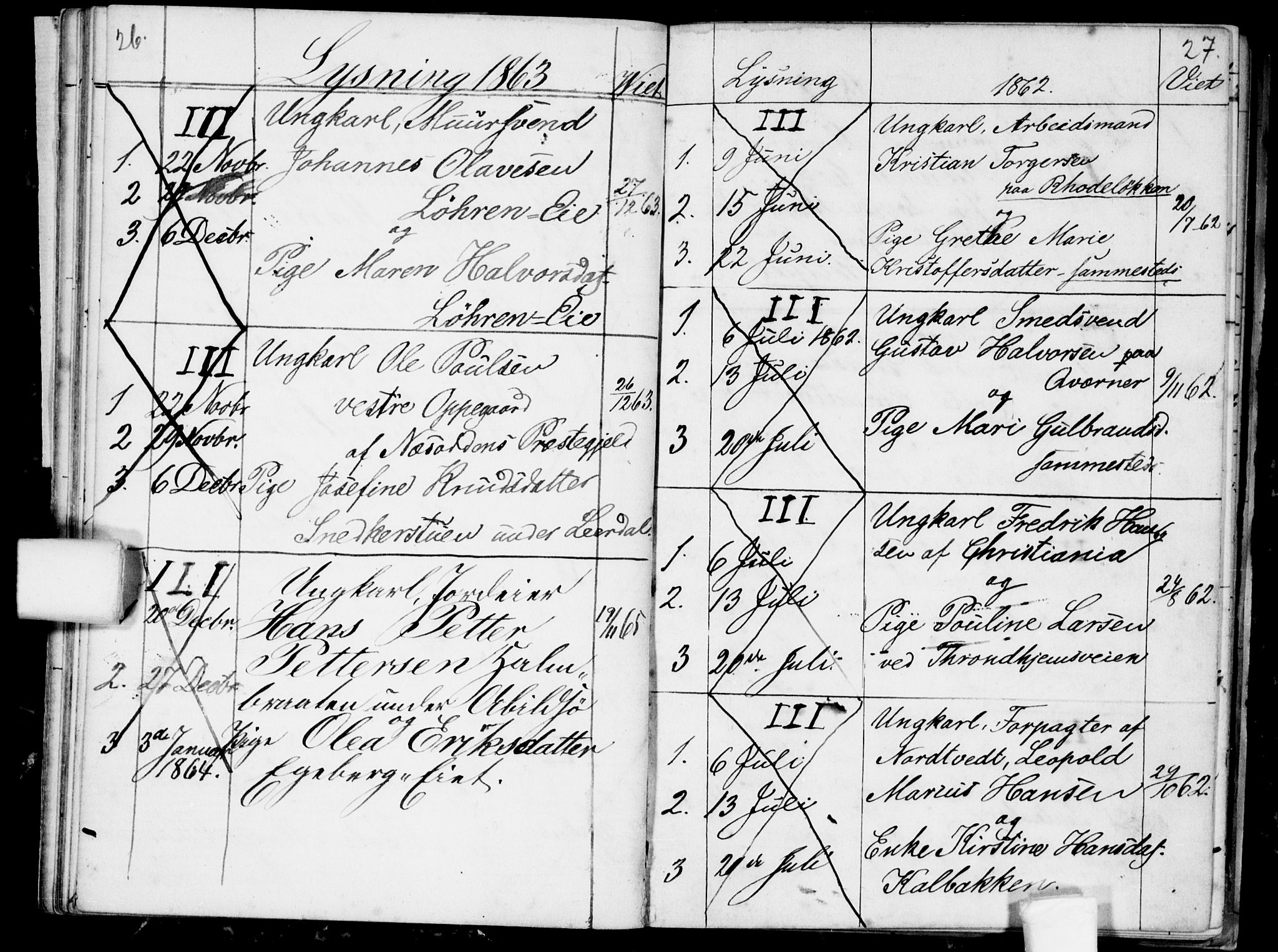 Østre Aker prestekontor Kirkebøker, SAO/A-10840/H/Ha/L0002: Banns register no. I 2, 1861-1872, p. 26-27
