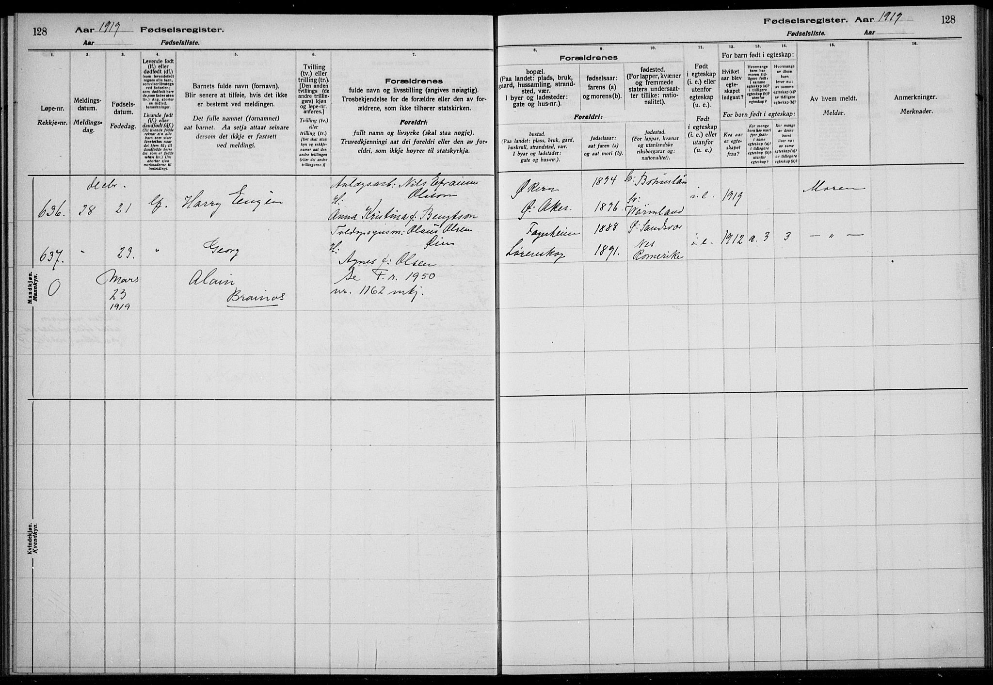 Rikshospitalet prestekontor Kirkebøker, AV/SAO-A-10309b/J/L0004: Birth register no. 4, 1919-1919, p. 128