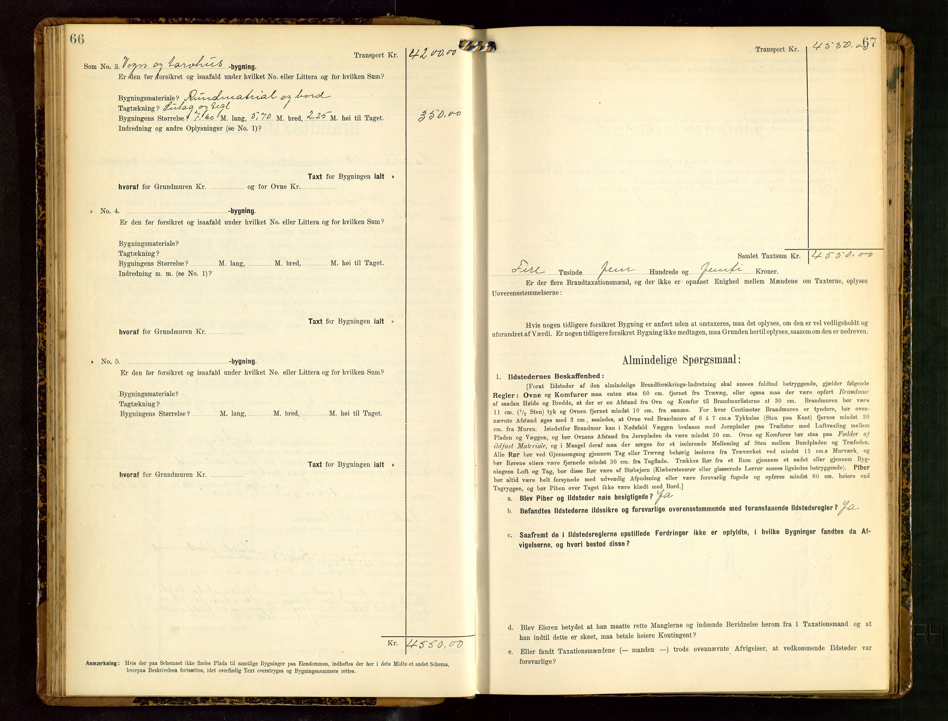 Håland lensmannskontor, AV/SAST-A-100100/Gob/L0003: Branntakstprotokoll - skjematakst. Register i boken., 1909-1910, p. 66-67