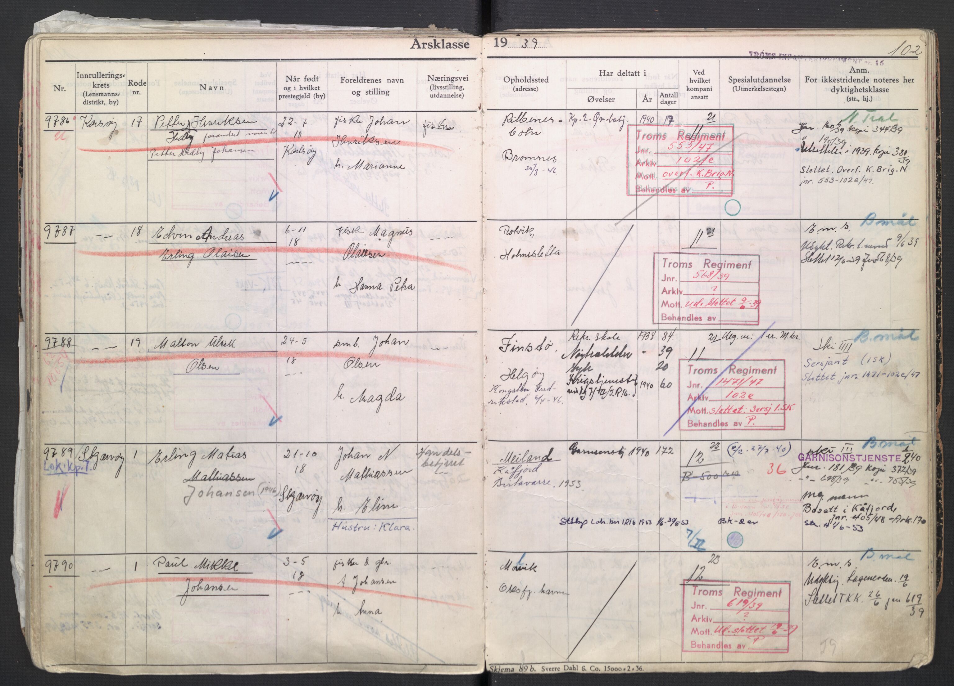 Forsvaret, Troms infanteriregiment nr. 16, AV/RA-RAFA-3146/P/Pa/L0007/0004: Ruller / Rulle for regimentets menige mannskaper, årsklasse 1939, 1939, p. 102