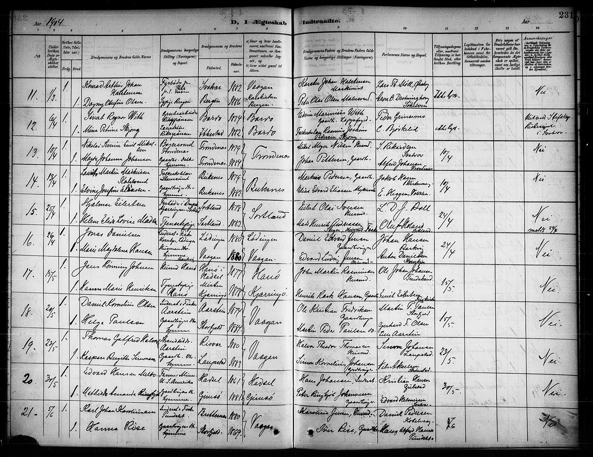 Ministerialprotokoller, klokkerbøker og fødselsregistre - Nordland, SAT/A-1459/874/L1078: Parish register (copy) no. 874C07, 1900-1907, p. 231