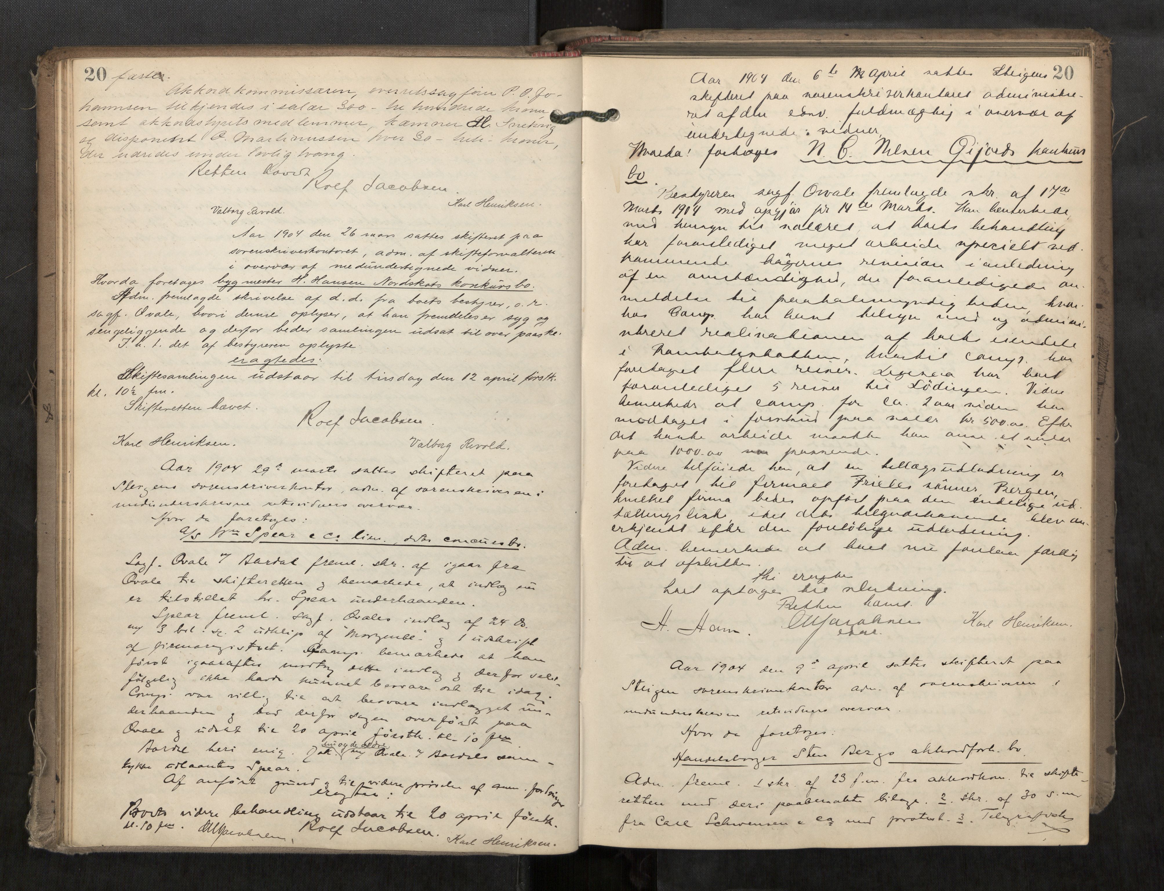Steigen og Ofoten sorenskriveri, AV/SAT-A-0030/1/3/3B/L0003: Skiftebehandlingsprotokoll, 1903-1908, p. 20