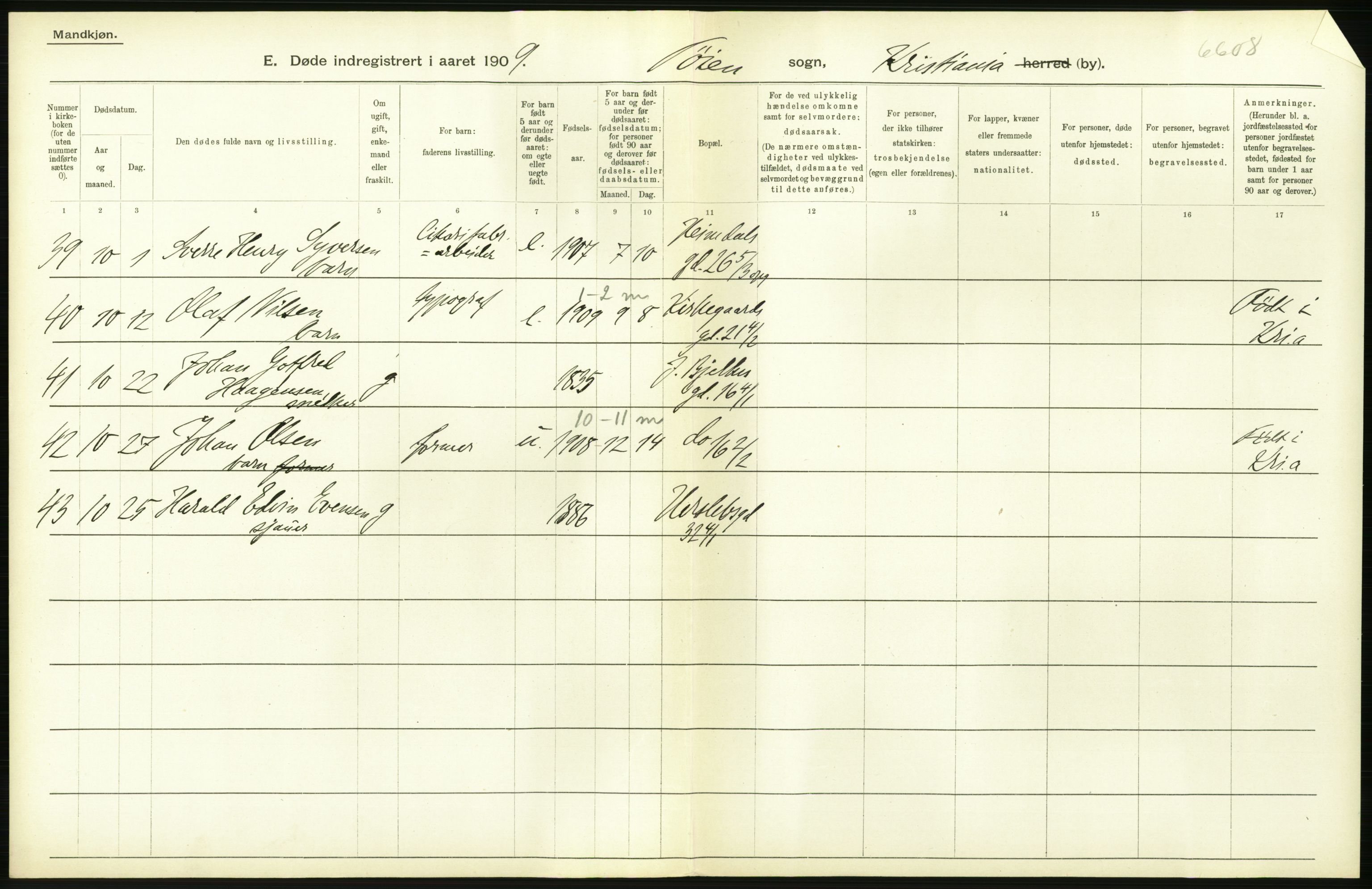 Statistisk sentralbyrå, Sosiodemografiske emner, Befolkning, RA/S-2228/D/Df/Dfa/Dfag/L0010: Kristiania: Døde, dødfødte., 1909, p. 124