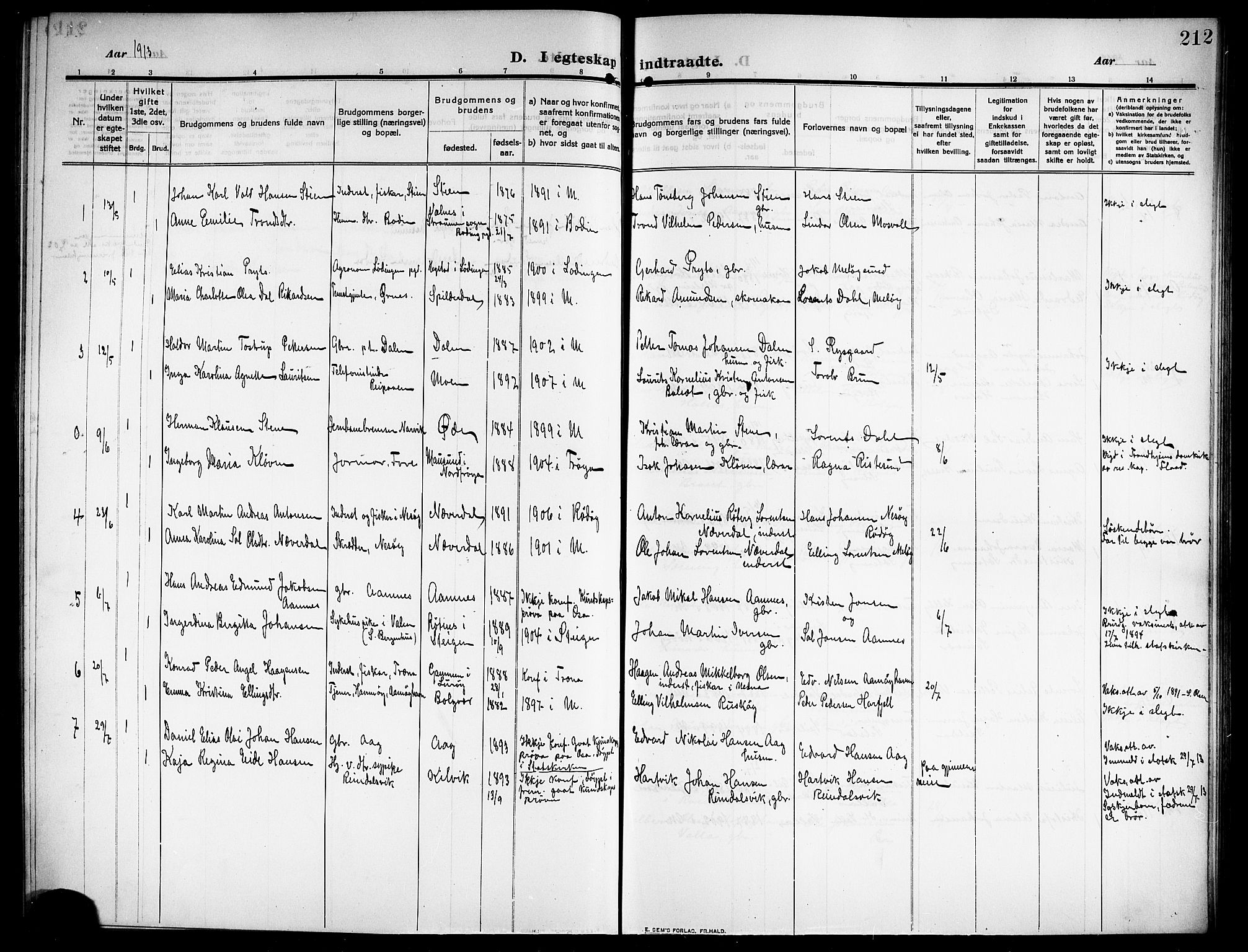 Ministerialprotokoller, klokkerbøker og fødselsregistre - Nordland, SAT/A-1459/843/L0639: Parish register (copy) no. 843C08, 1908-1924, p. 212