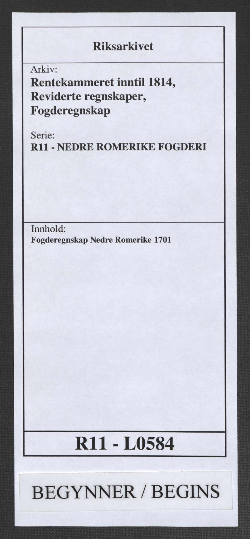 Rentekammeret inntil 1814, Reviderte regnskaper, Fogderegnskap, RA/EA-4092/R11/L0584: Fogderegnskap Nedre Romerike, 1701, p. 1