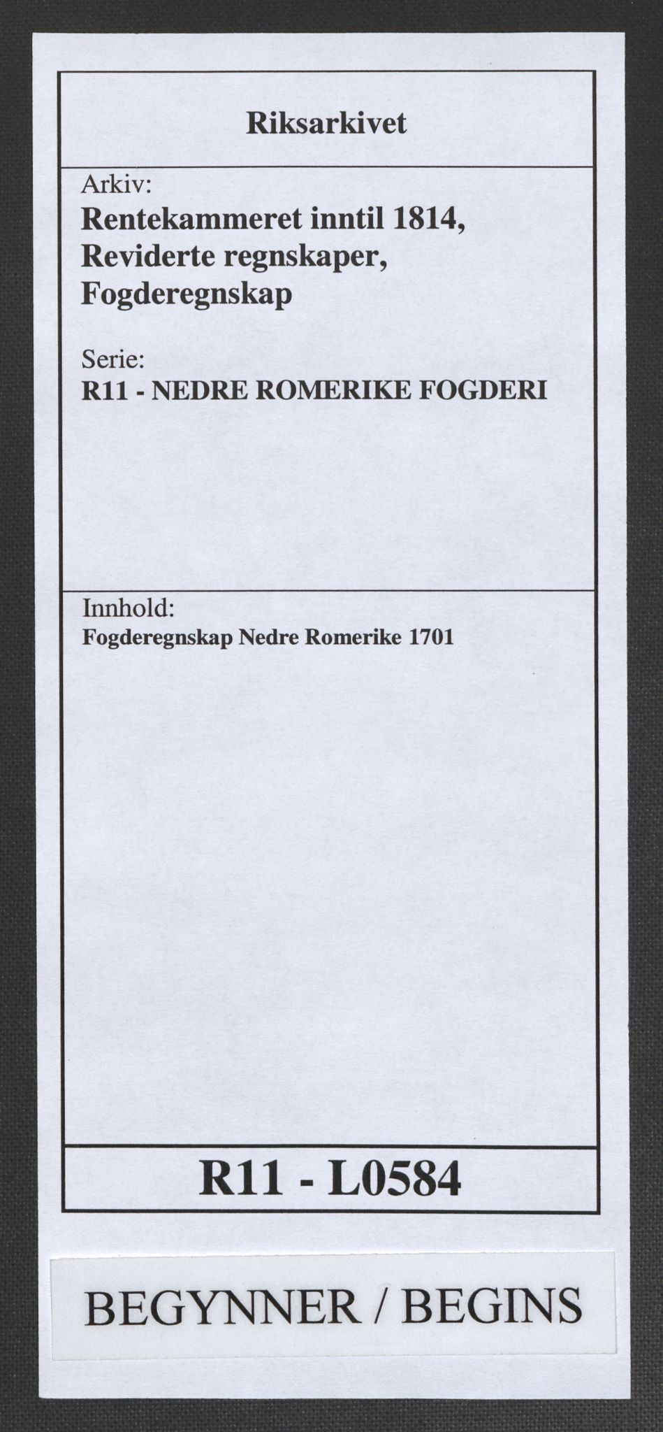 Rentekammeret inntil 1814, Reviderte regnskaper, Fogderegnskap, AV/RA-EA-4092/R11/L0584: Fogderegnskap Nedre Romerike, 1701, p. 1