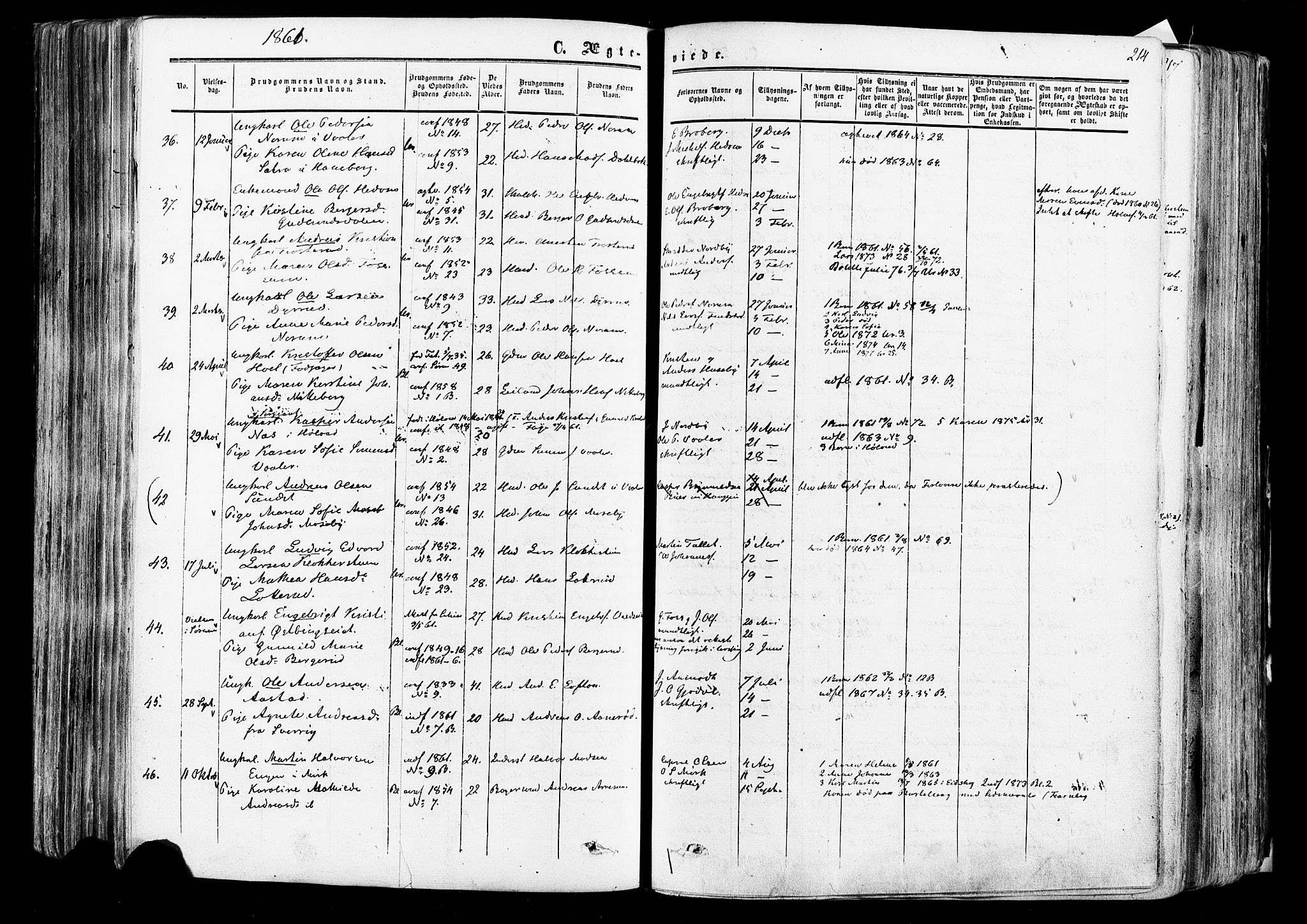 Aurskog prestekontor Kirkebøker, SAO/A-10304a/F/Fa/L0007: Parish register (official) no. I 7, 1854-1877, p. 214