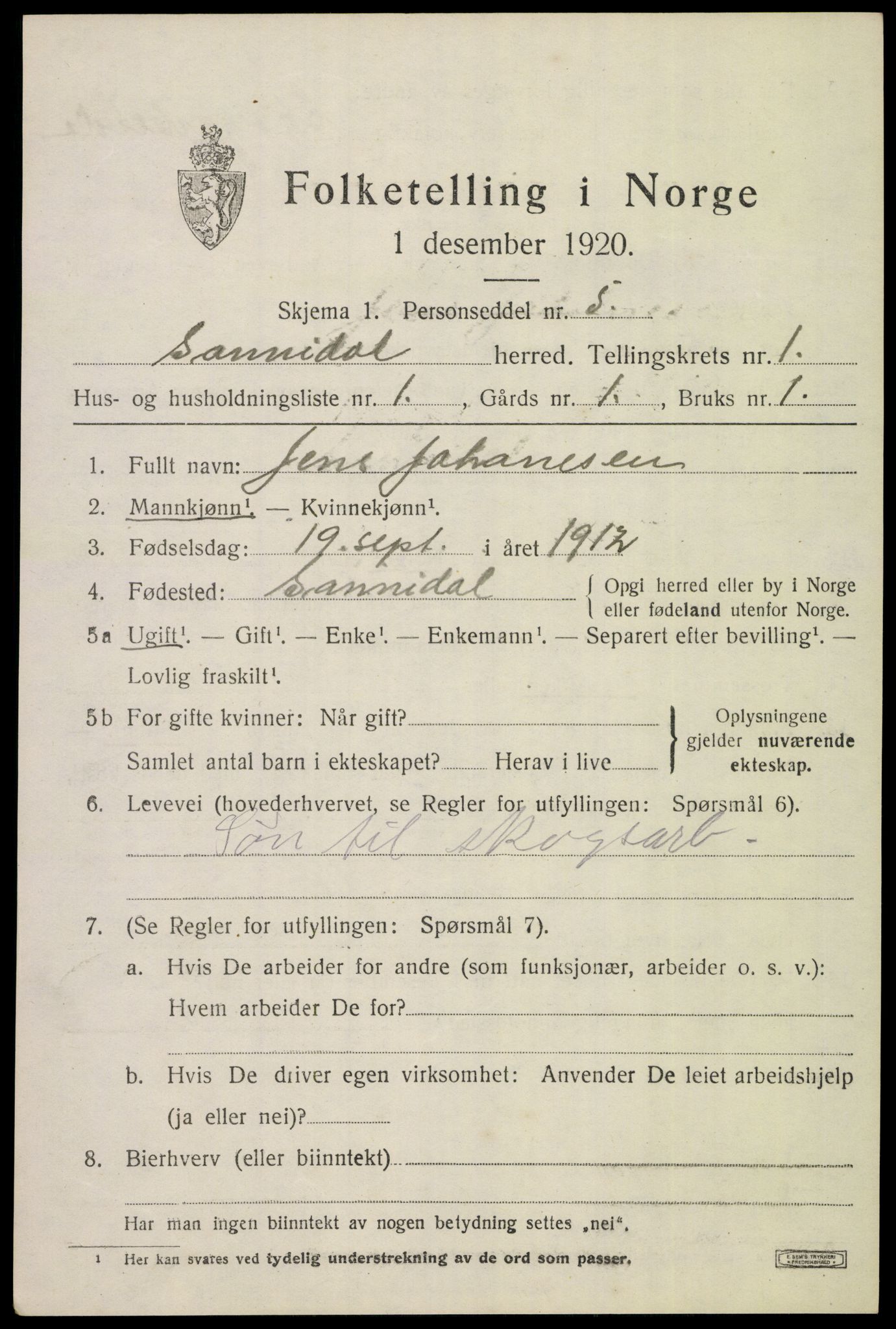 SAKO, 1920 census for Sannidal, 1920, p. 1035