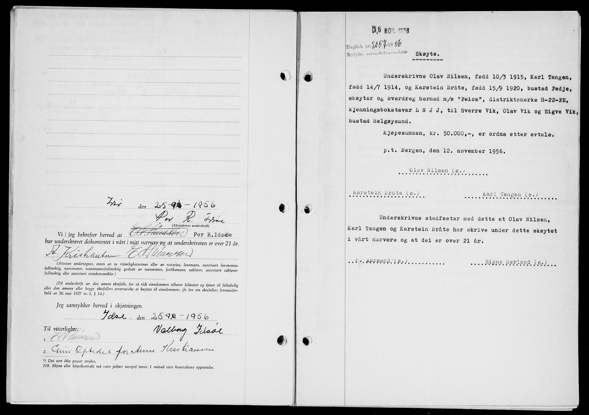 Ryfylke tingrett, AV/SAST-A-100055/001/II/IIB/L0135: Mortgage book no. 114, 1956-1957, Diary no: : 2057/1956