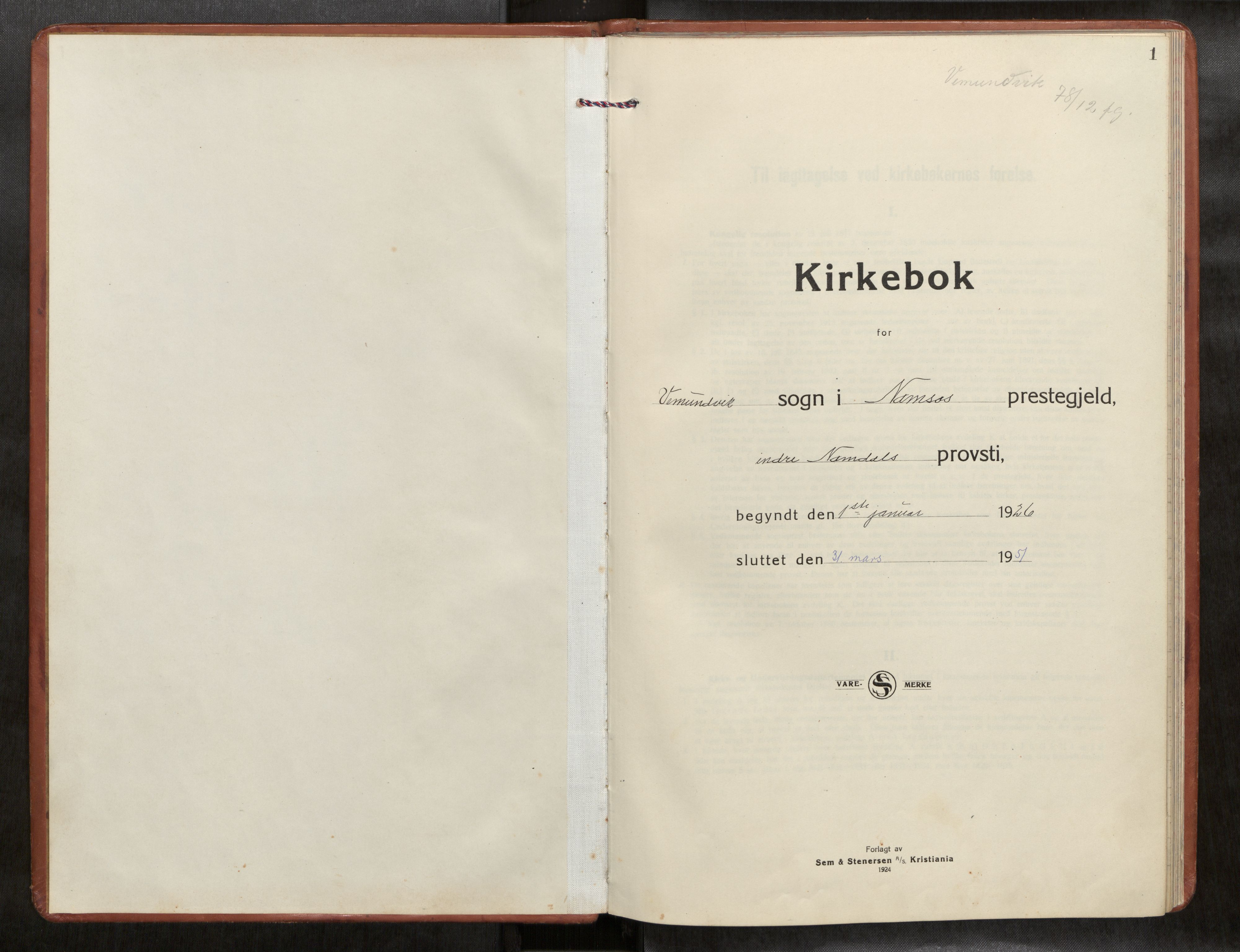 Ministerialprotokoller, klokkerbøker og fødselsregistre - Nord-Trøndelag, SAT/A-1458/769/L0586a: Parish register (copy) no. 769C02, 1926-1951, p. 1