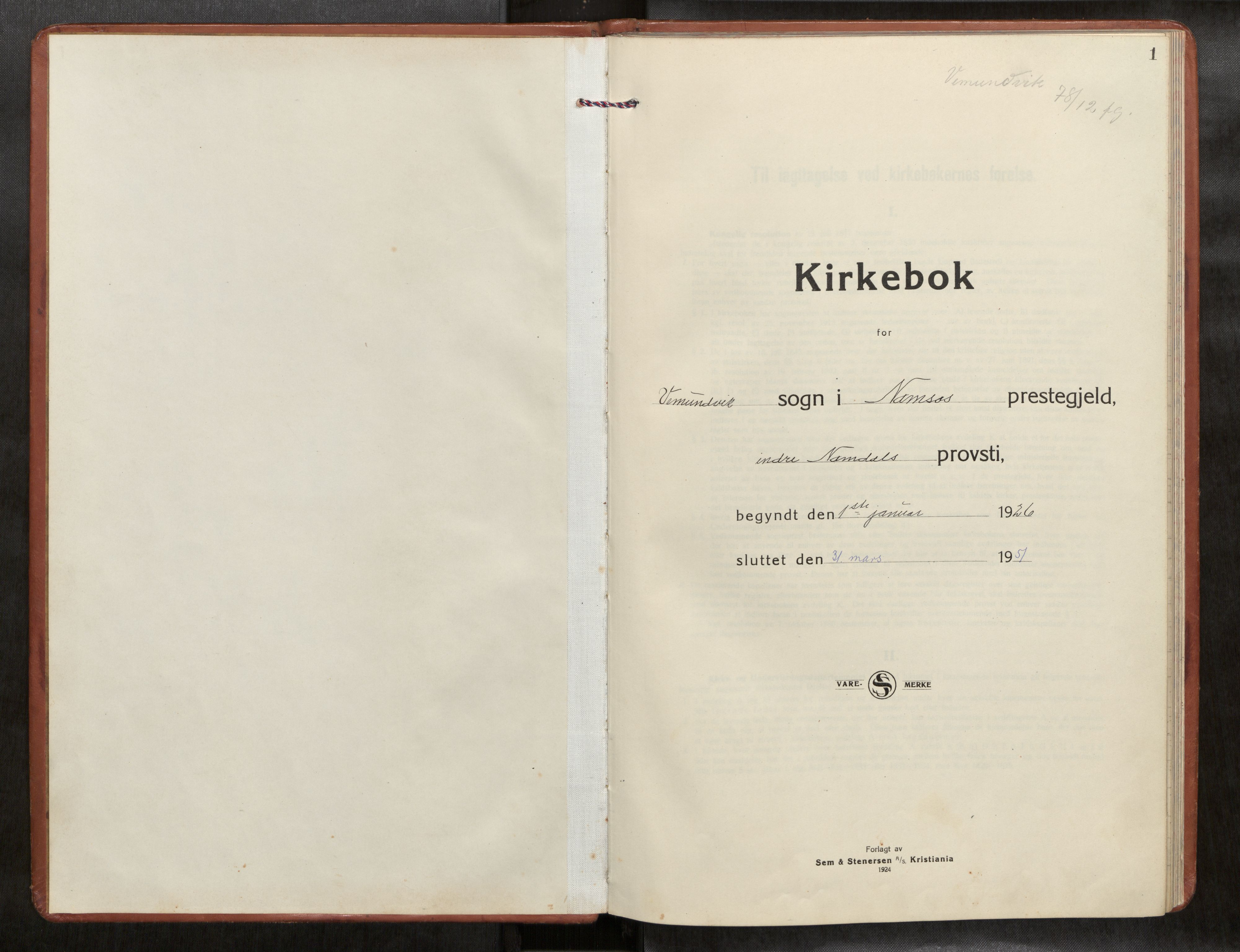 Ministerialprotokoller, klokkerbøker og fødselsregistre - Nord-Trøndelag, AV/SAT-A-1458/769/L0586a: Parish register (copy) no. 769C02, 1926-1951, p. 1