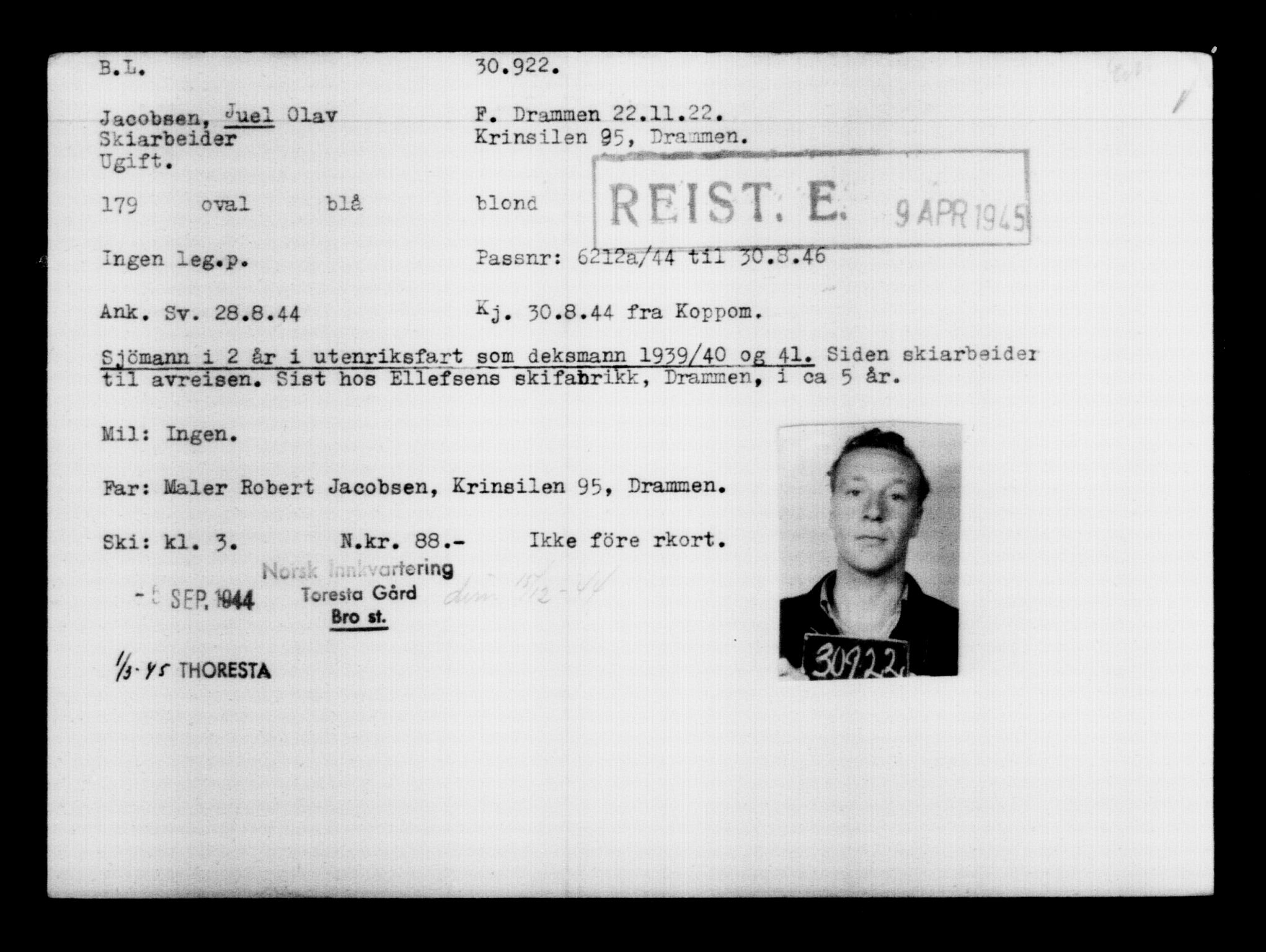 Utenriksstasjonene, Legasjonen i Stockholm, Flyktningkontoret, AV/RA-S-6753/V/Va/L0012: Kjesäterkartoteket, flyktninger med registreringsnr. 28300-31566, 1940-1945, p. 2849