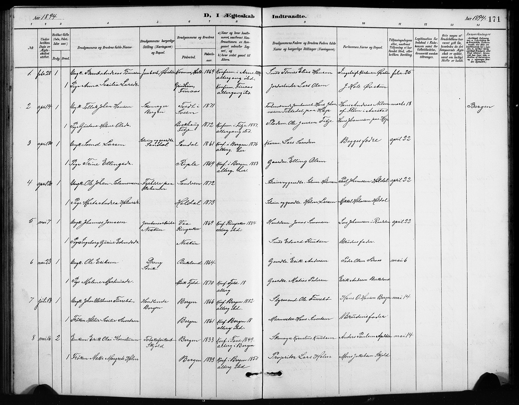 Birkeland Sokneprestembete, SAB/A-74601/H/Hab: Parish register (copy) no. A 4, 1888-1897, p. 171