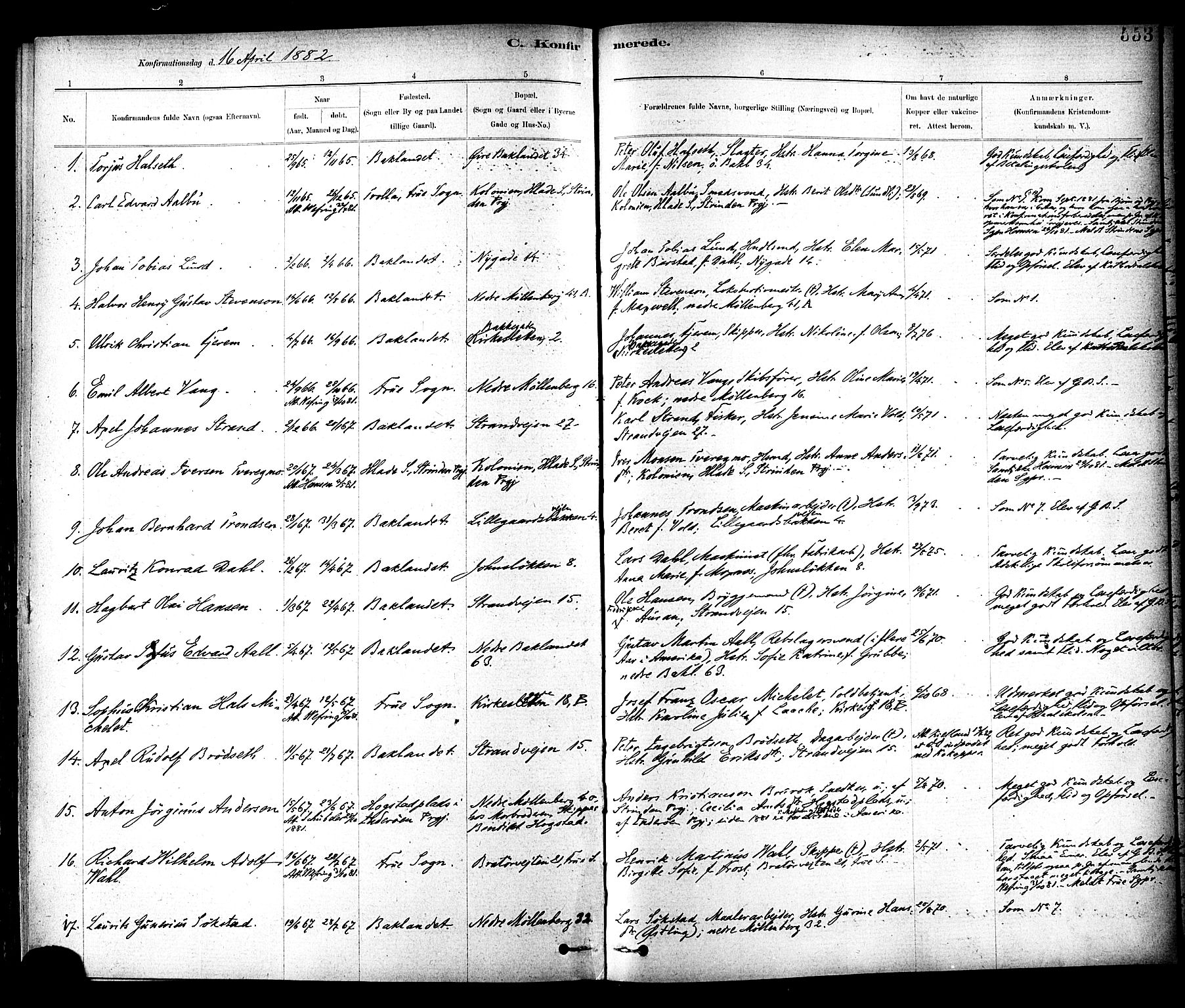 Ministerialprotokoller, klokkerbøker og fødselsregistre - Sør-Trøndelag, SAT/A-1456/604/L0188: Parish register (official) no. 604A09, 1878-1892, p. 553