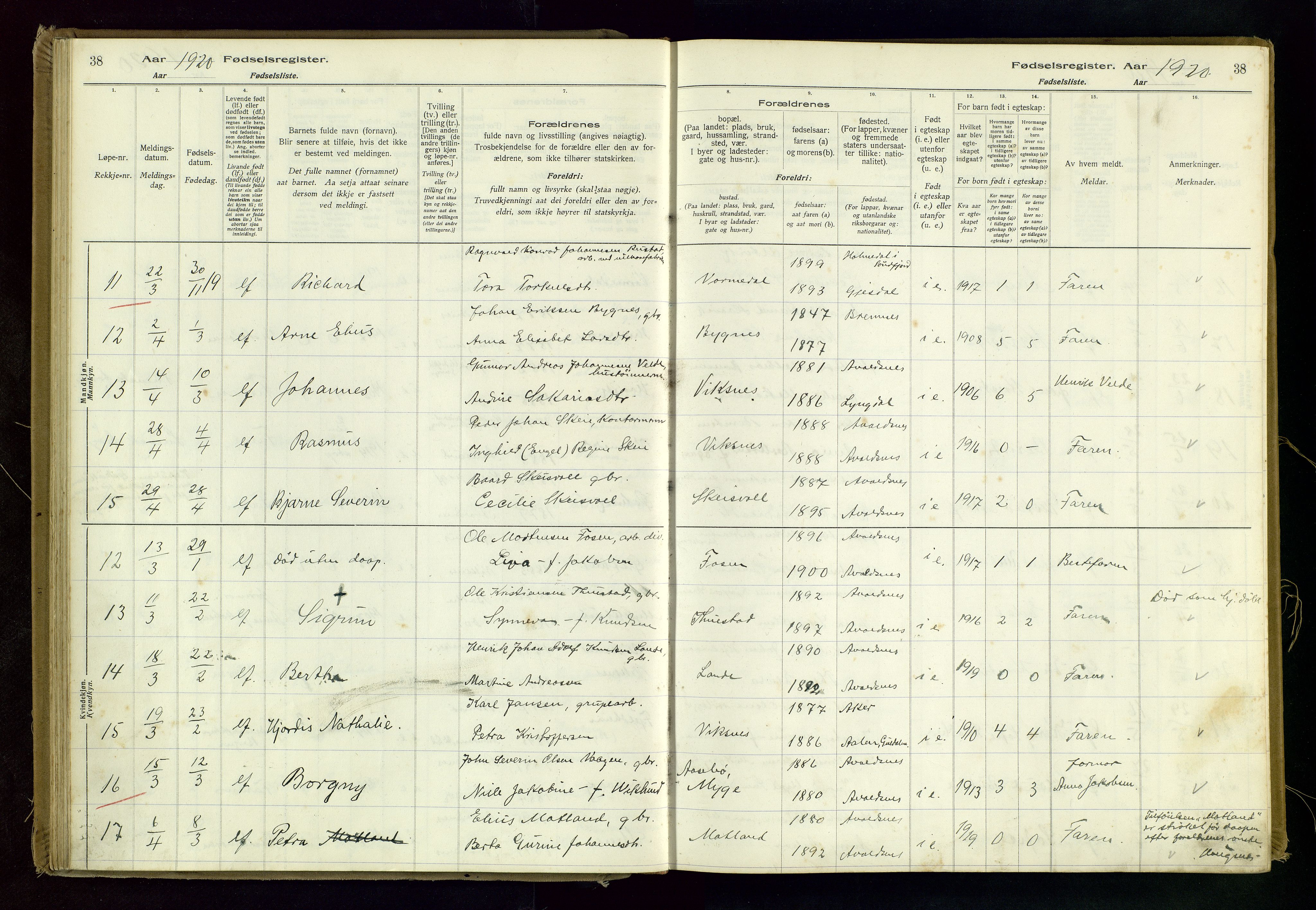 Avaldsnes sokneprestkontor, AV/SAST-A -101851/I/Id/L0001: Birth register no. 1, 1916-1946, p. 38