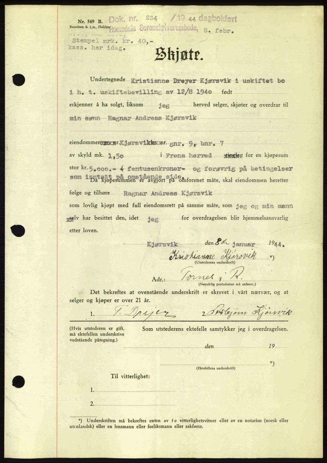 Romsdal sorenskriveri, AV/SAT-A-4149/1/2/2C: Mortgage book no. A15, 1943-1944, Diary no: : 234/1944