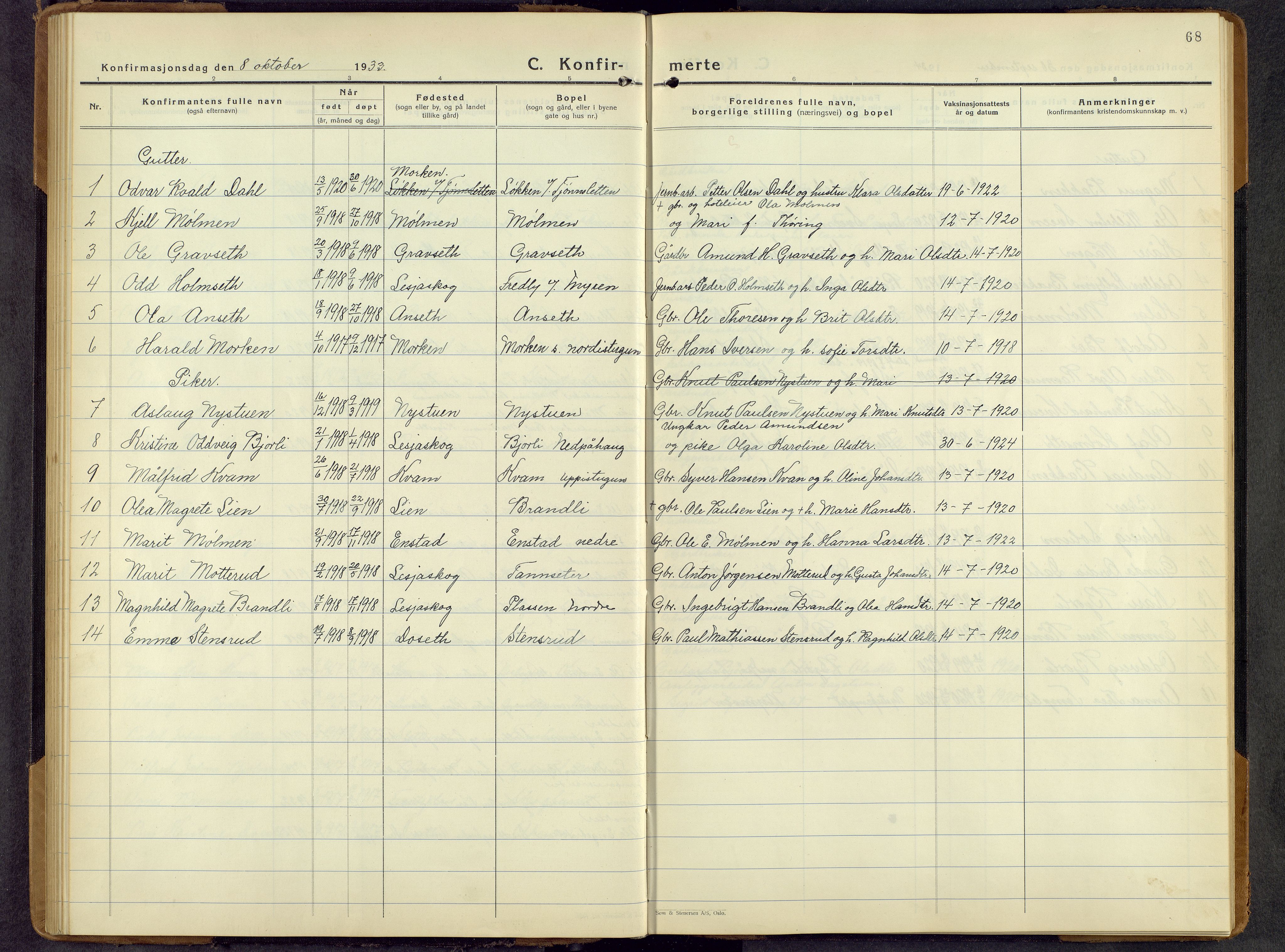 Lesja prestekontor, AV/SAH-PREST-068/H/Ha/Hab/L0011: Parish register (copy) no. 11, 1932-1960, p. 68