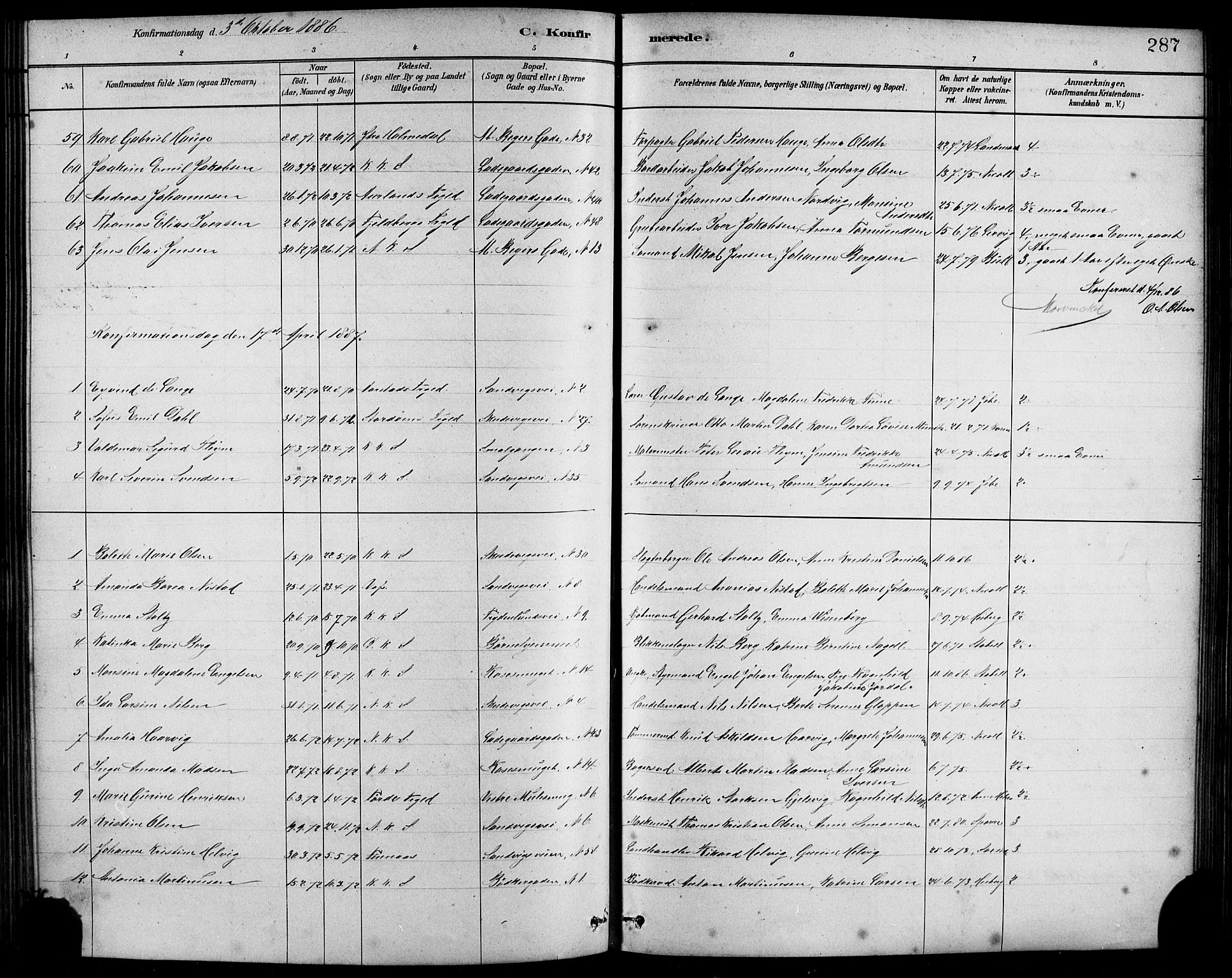 Sandviken Sokneprestembete, SAB/A-77601/H/Hb/L0001: Parish register (copy) no. A 2, 1879-1892, p. 287