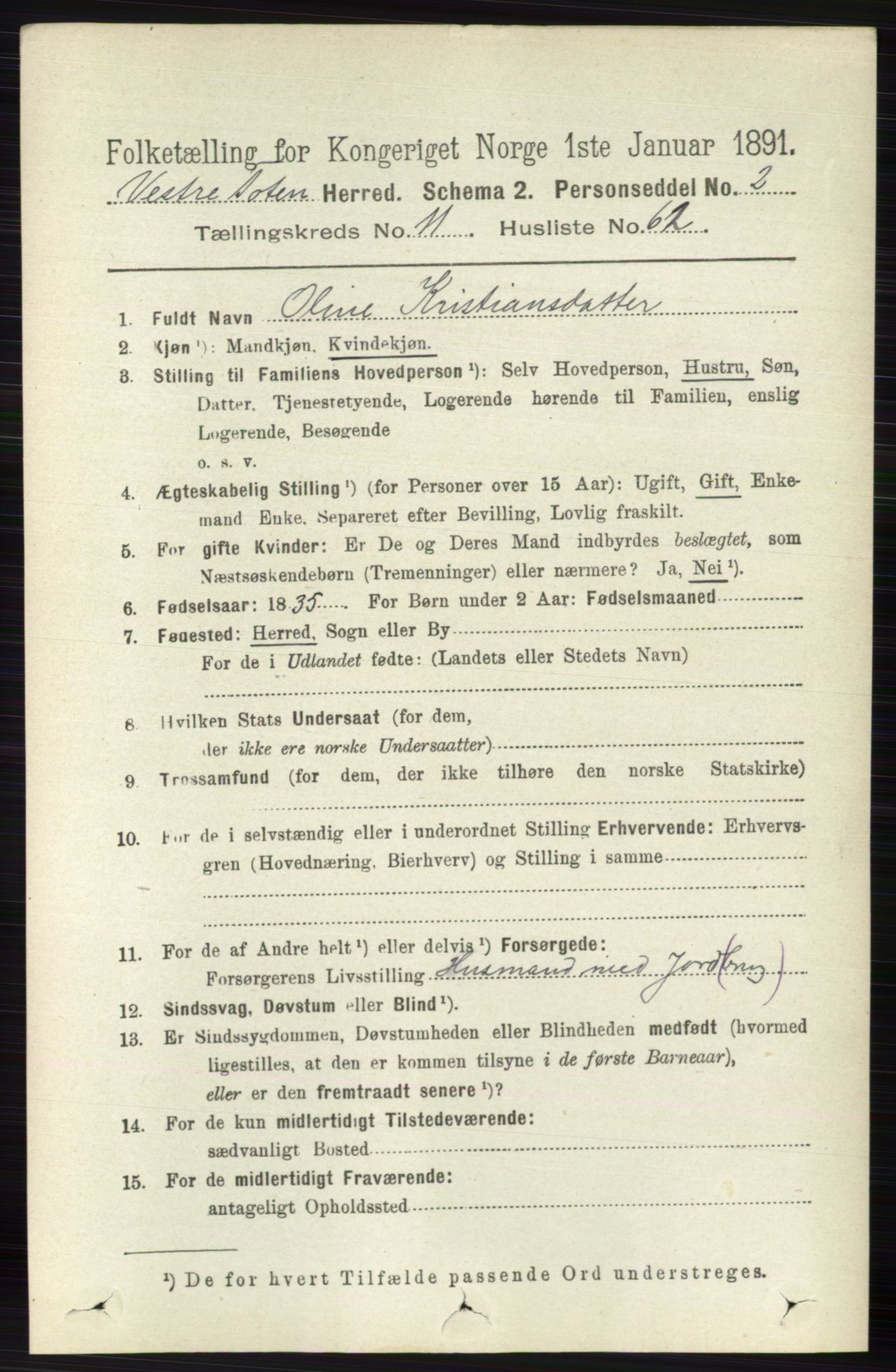RA, 1891 census for 0529 Vestre Toten, 1891, p. 7079