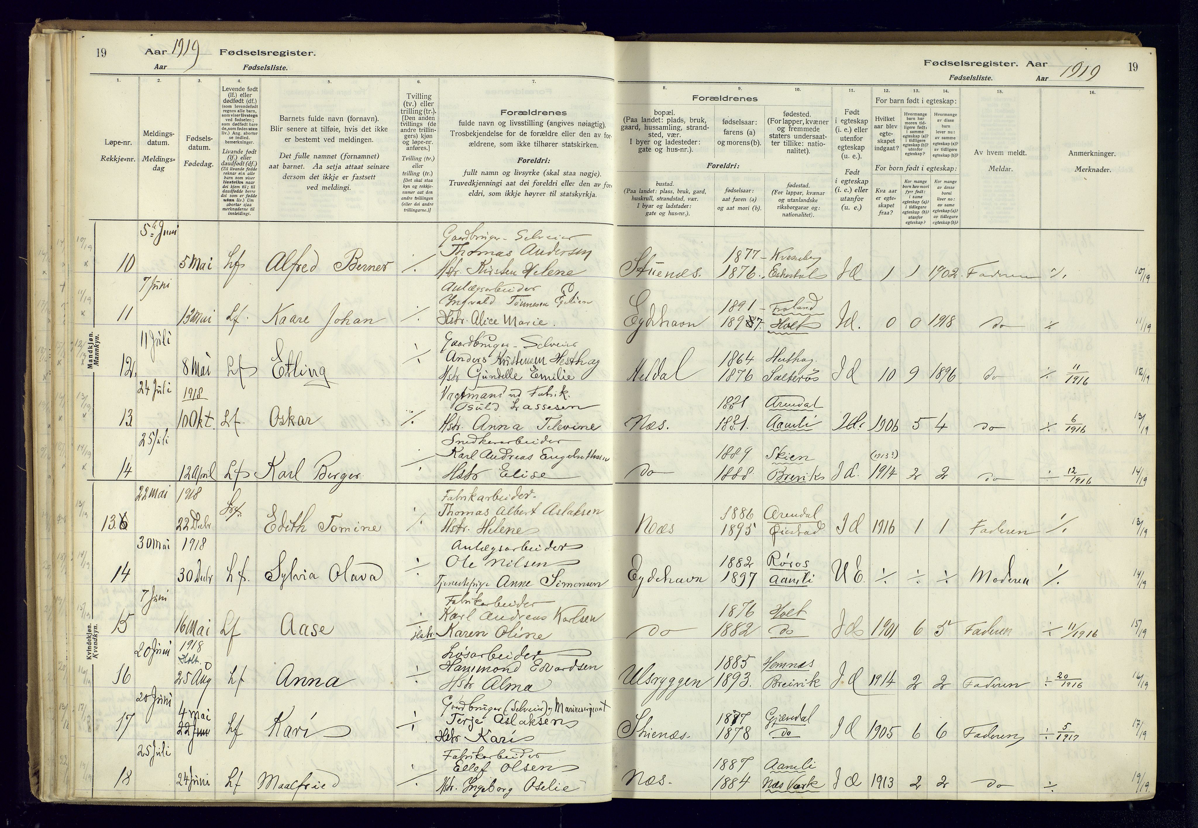 Austre Moland sokneprestkontor, SAK/1111-0001/J/Ja/L0003: Birth register no. A-VI-27, 1916-1950, p. 19