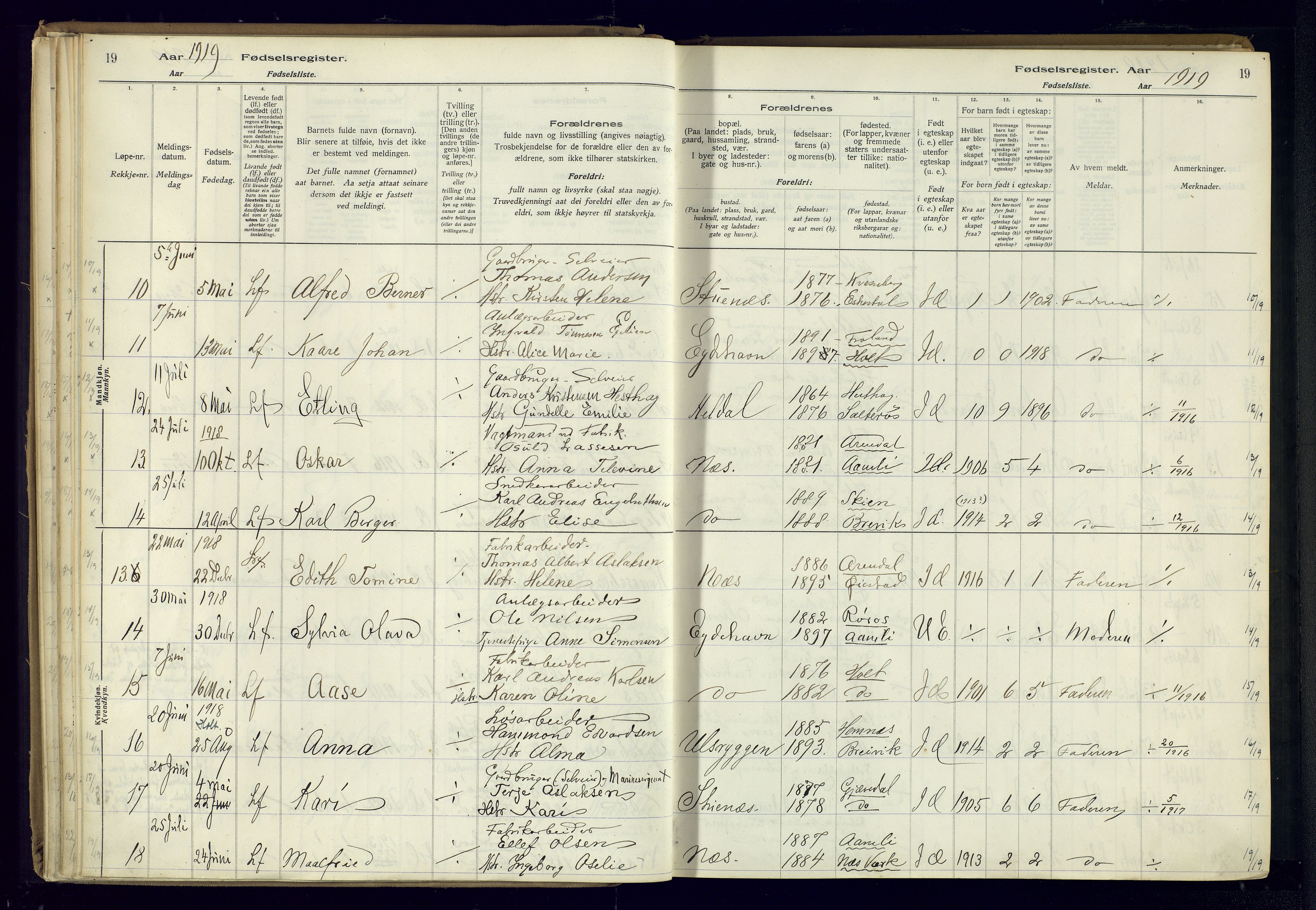 Austre Moland sokneprestkontor, AV/SAK-1111-0001/J/Ja/L0003: Birth register no. A-VI-27, 1916-1950, p. 19