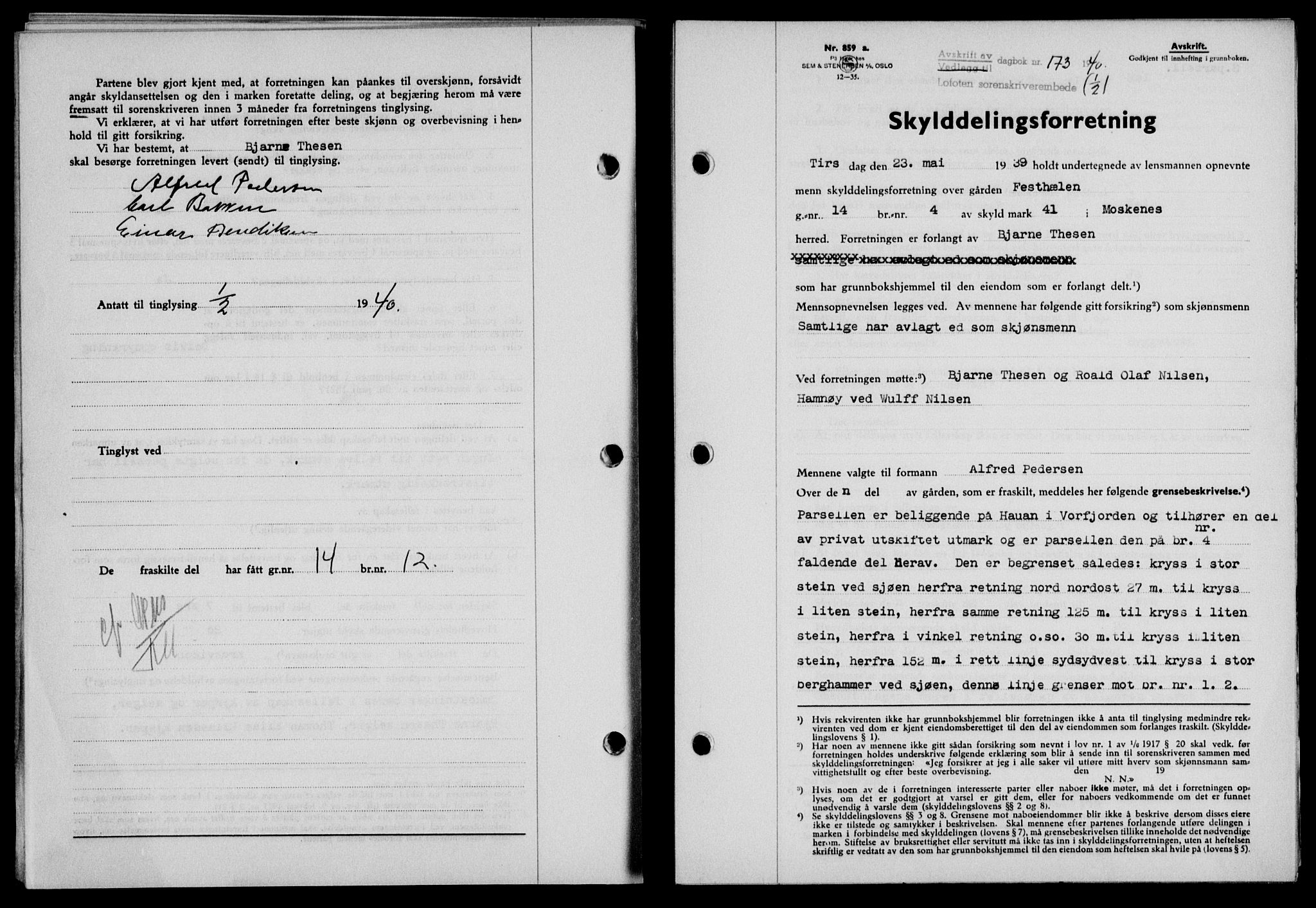 Lofoten sorenskriveri, SAT/A-0017/1/2/2C/L0007a: Mortgage book no. 7a, 1939-1940, Diary no: : 173/1940