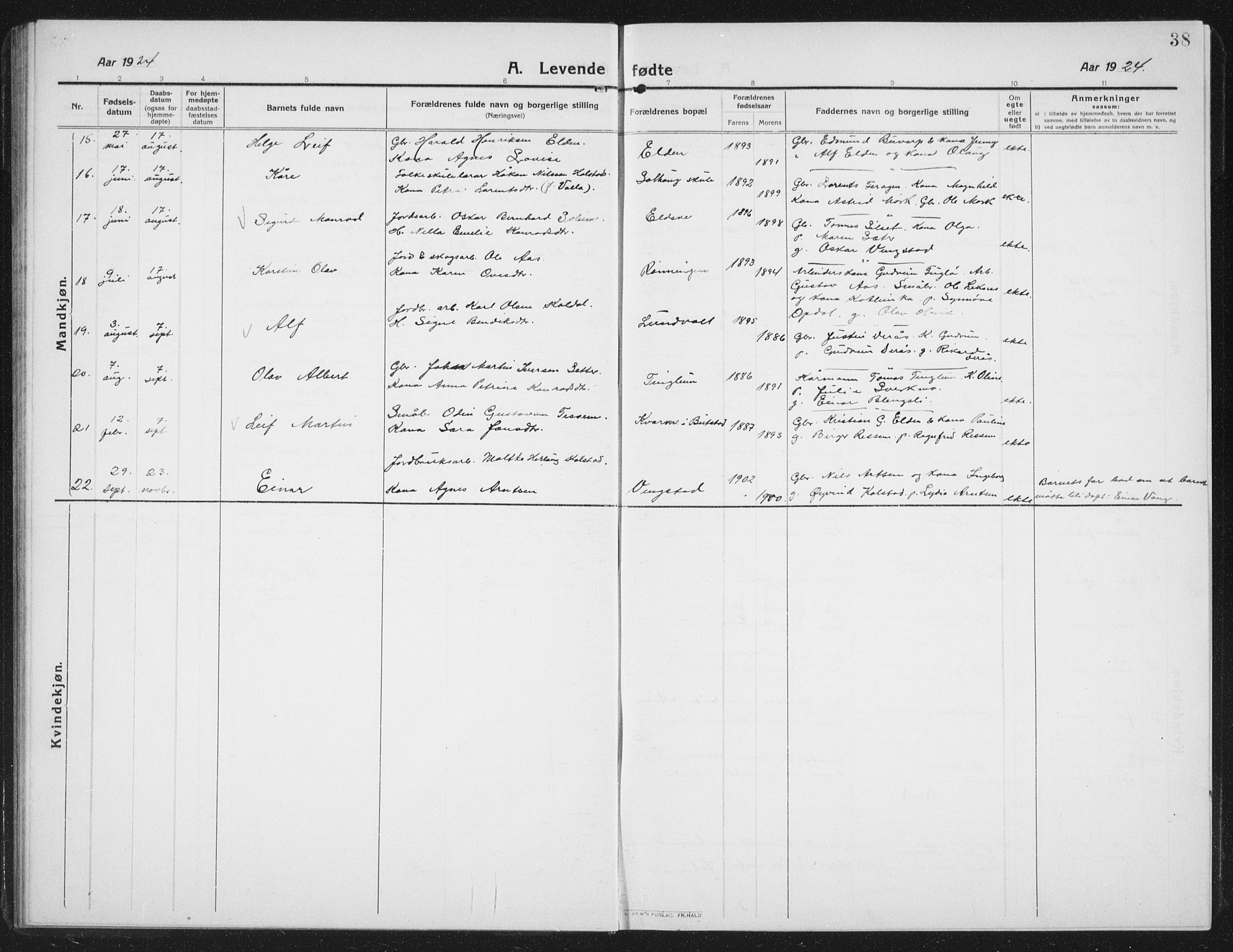 Ministerialprotokoller, klokkerbøker og fødselsregistre - Nord-Trøndelag, SAT/A-1458/742/L0413: Parish register (copy) no. 742C04, 1911-1938, p. 38