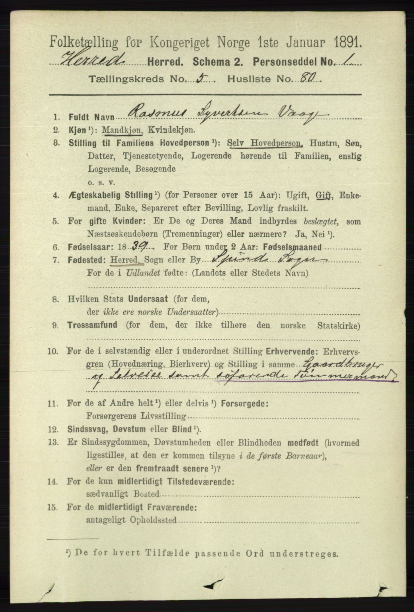 RA, 1891 census for 1039 Herad, 1891, p. 2224