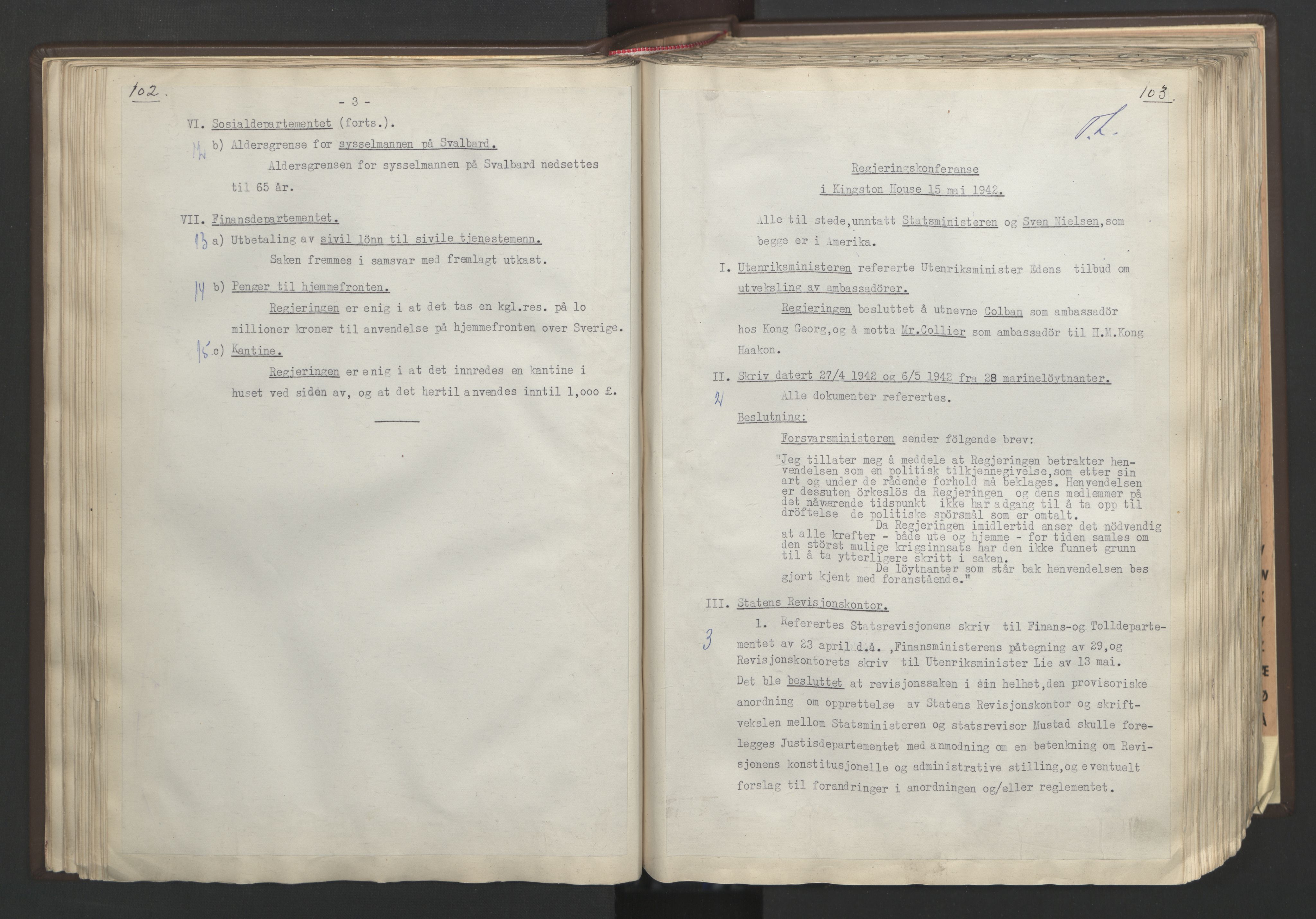 Statsministerens kontor, RA/S-1005/A/Aa/L0002: Referat fra regjeringskonferanser, 1942-1943, p. 102-103