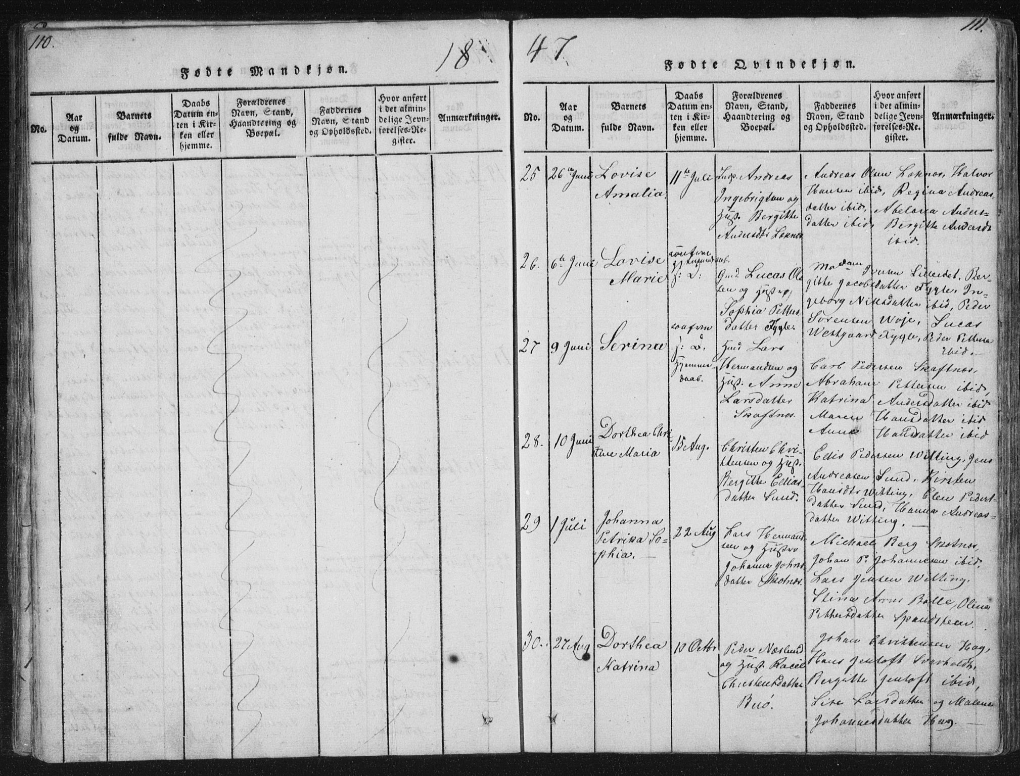 Ministerialprotokoller, klokkerbøker og fødselsregistre - Nordland, SAT/A-1459/881/L1164: Parish register (copy) no. 881C01, 1818-1853, p. 110-111