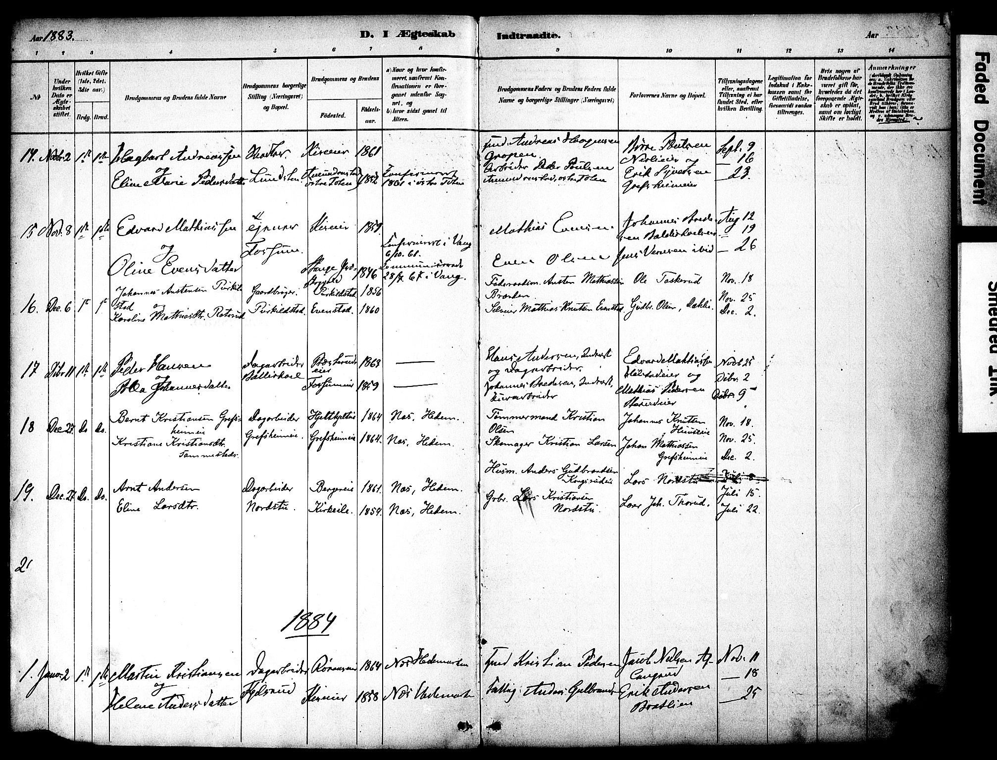 Nes prestekontor, Hedmark, AV/SAH-PREST-020/K/Ka/L0008: Parish register (official) no. 8, 1883-1905, p. 1