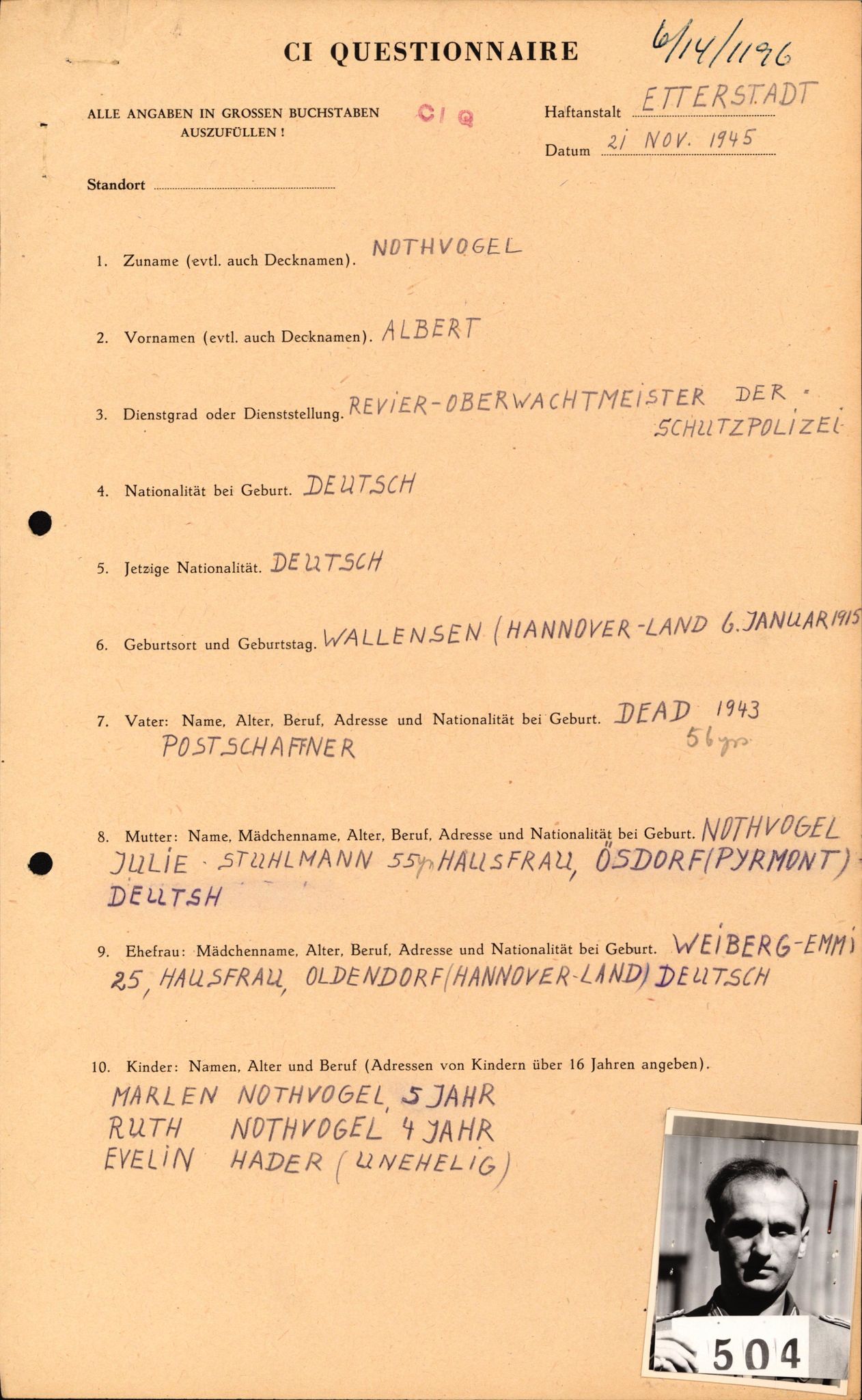 Forsvaret, Forsvarets overkommando II, AV/RA-RAFA-3915/D/Db/L0024: CI Questionaires. Tyske okkupasjonsstyrker i Norge. Tyskere., 1945-1946, p. 342