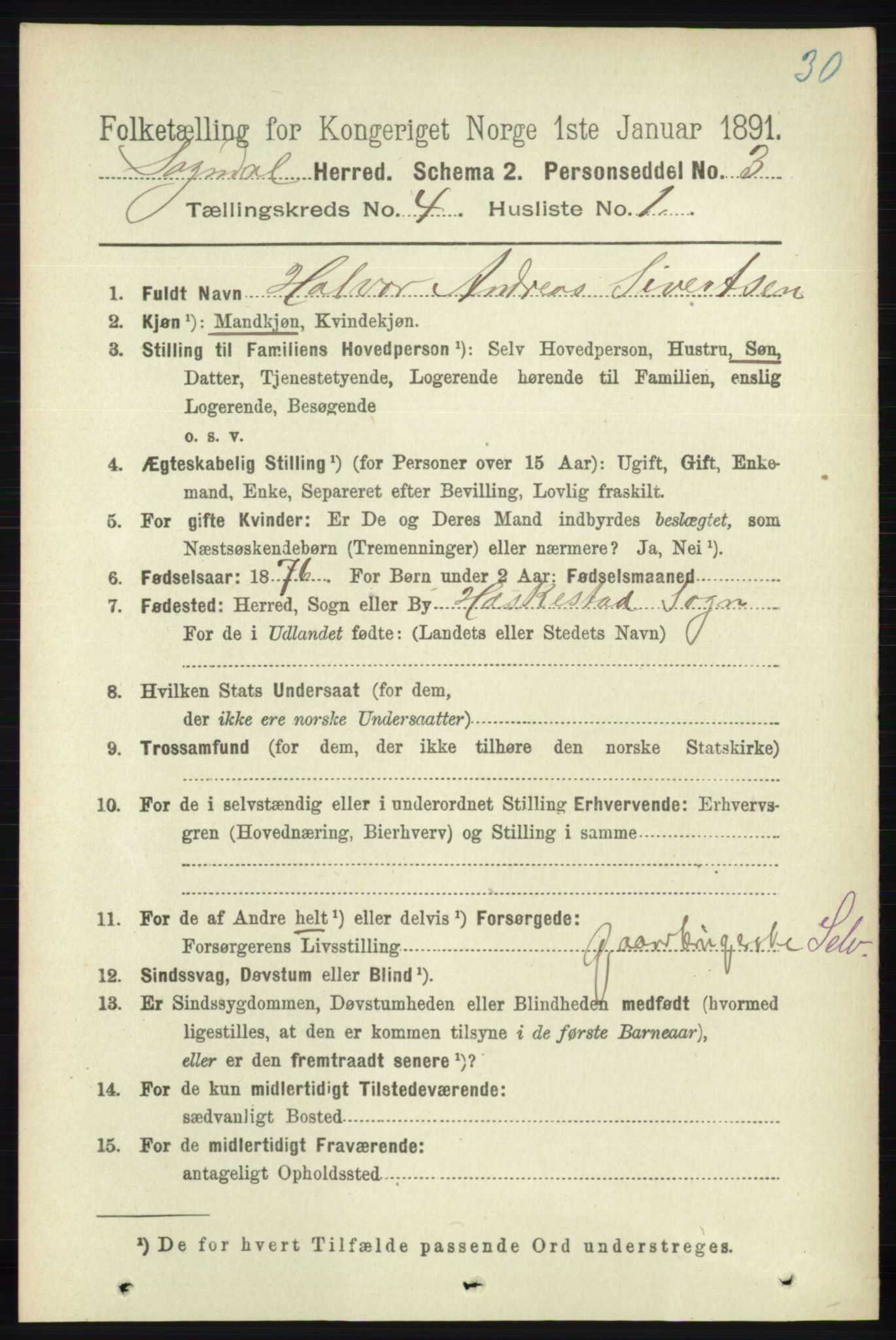 RA, 1891 census for 1111 Sokndal, 1891, p. 1005