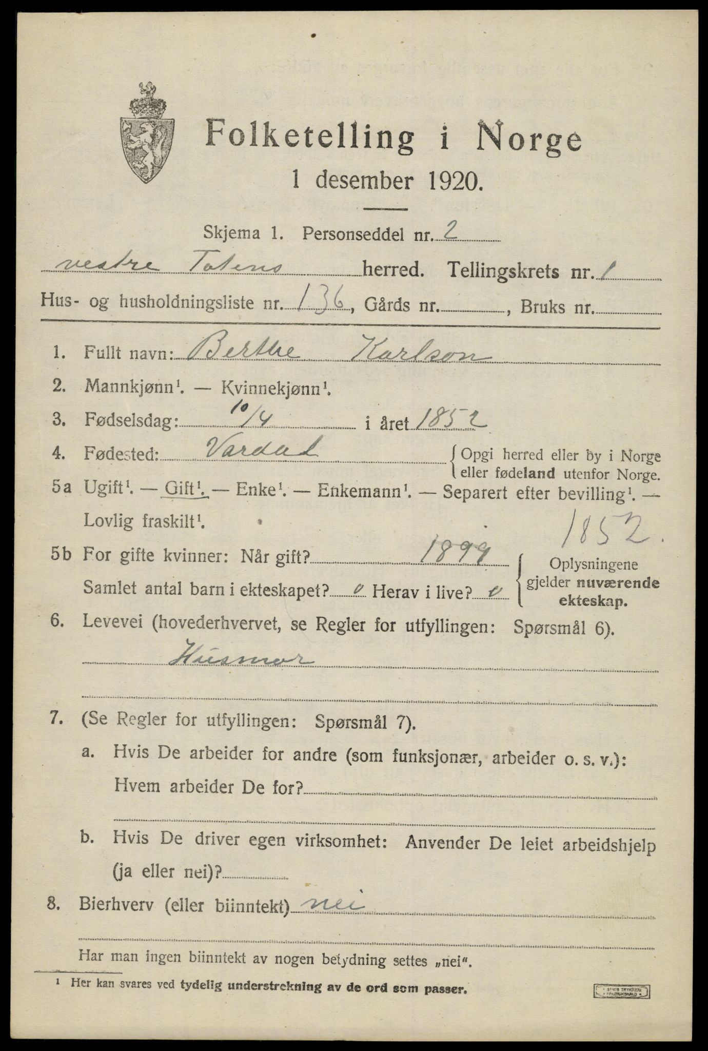 SAH, 1920 census for Vestre Toten, 1920, p. 3440