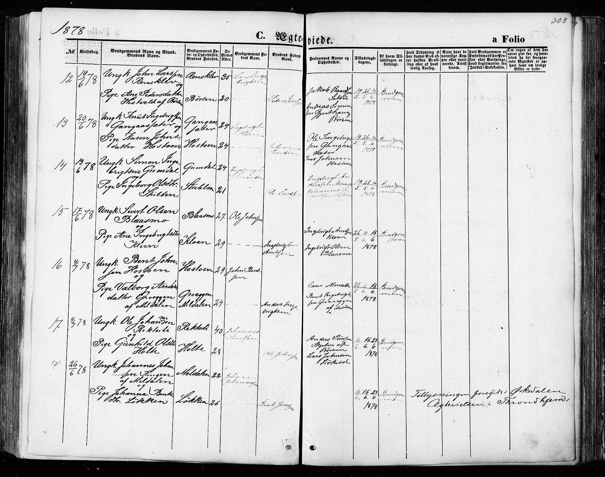 Ministerialprotokoller, klokkerbøker og fødselsregistre - Sør-Trøndelag, AV/SAT-A-1456/668/L0807: Parish register (official) no. 668A07, 1870-1880, p. 308