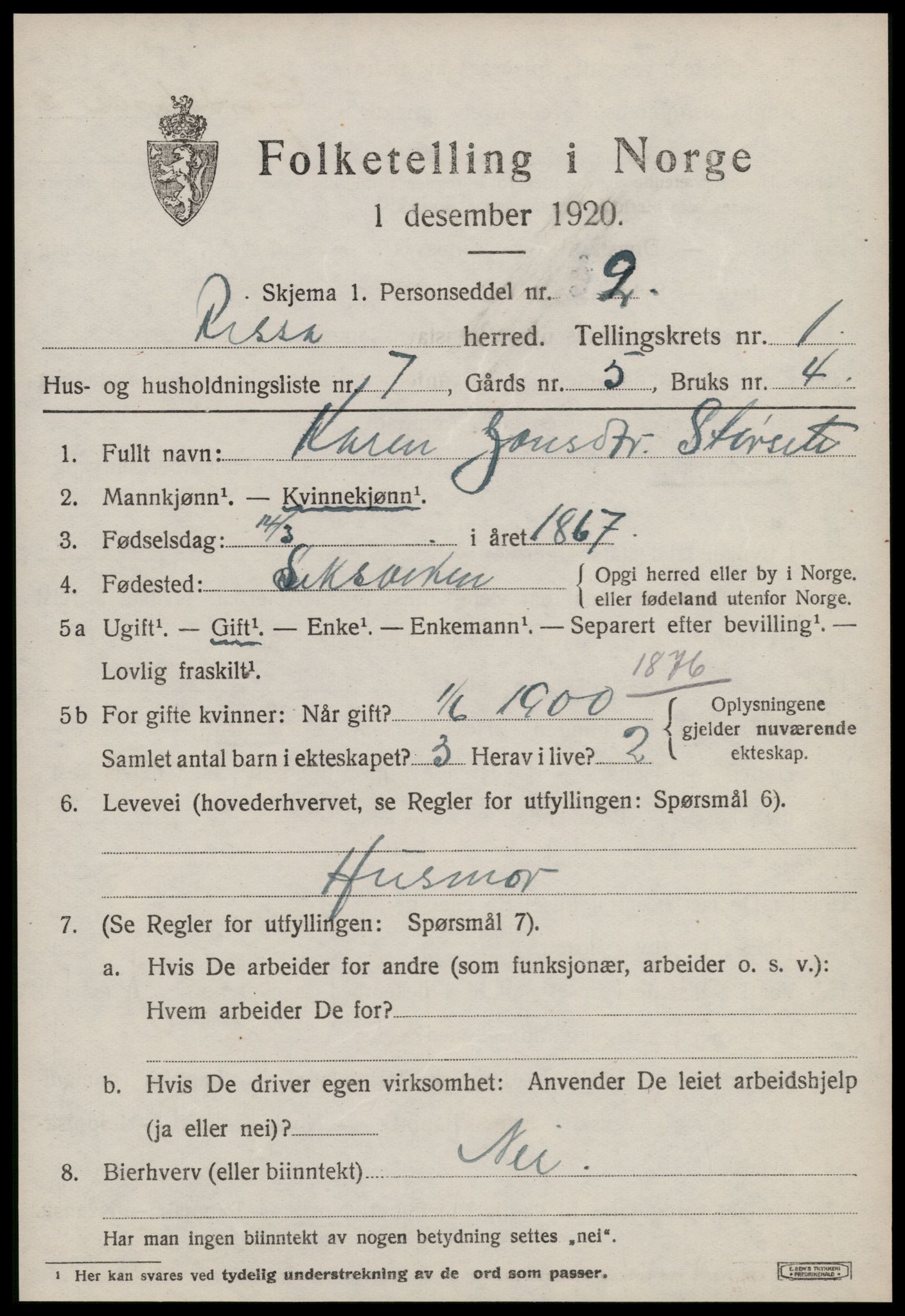 SAT, 1920 census for Rissa, 1920, p. 1147