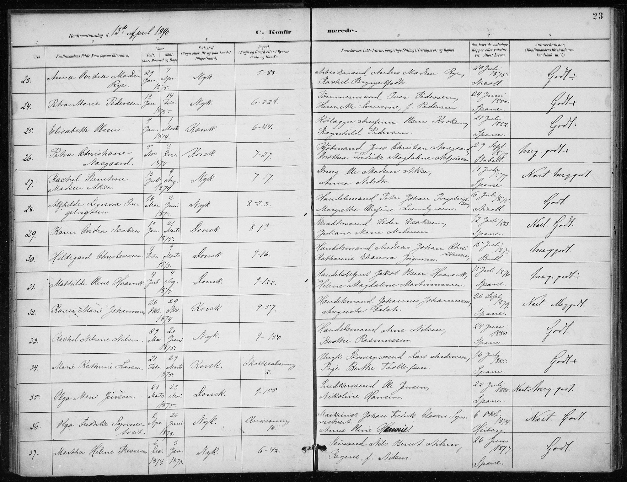 Nykirken Sokneprestembete, SAB/A-77101/H/Haa/L0028: Parish register (official) no. C 7, 1887-1913, p. 23