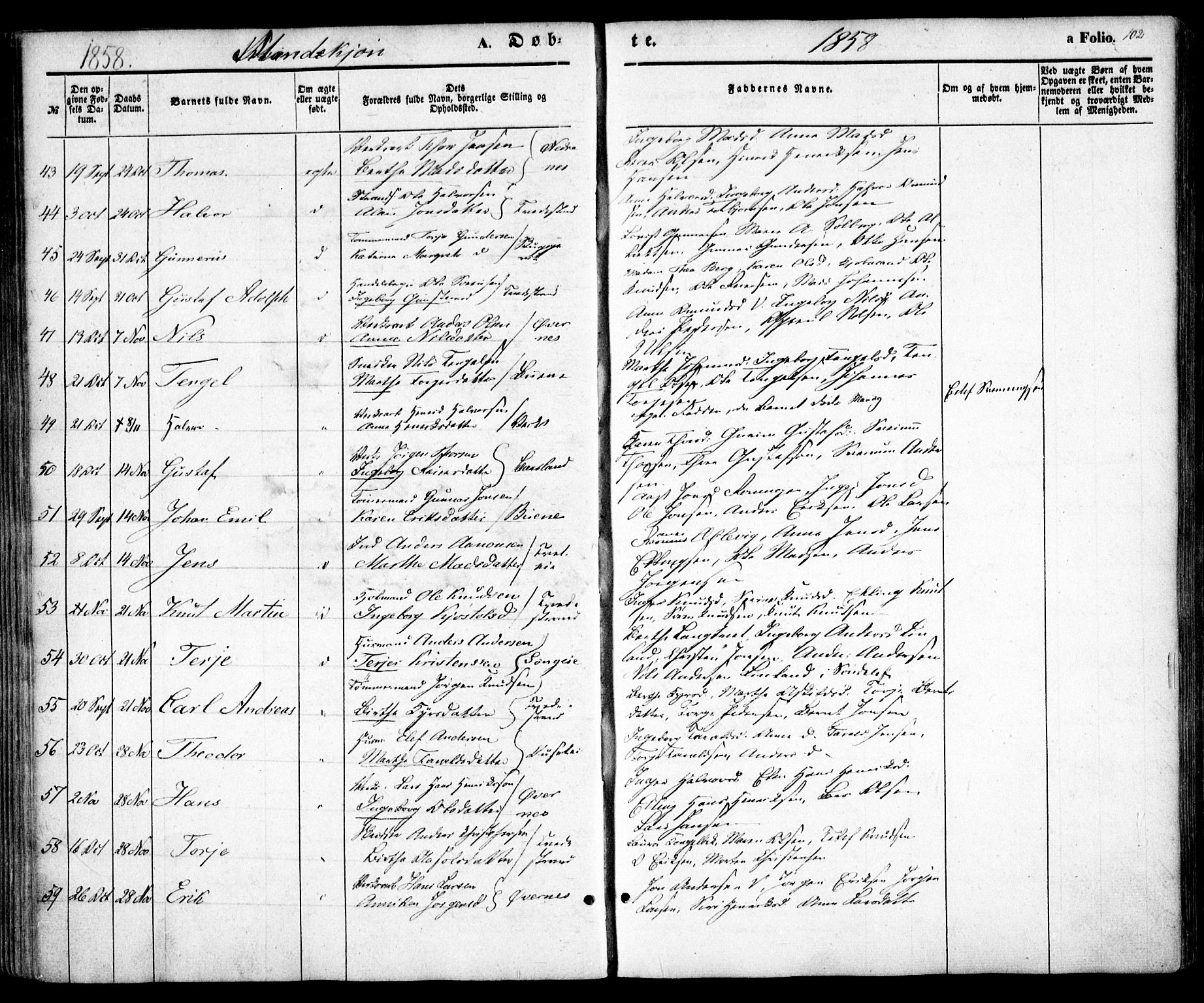 Holt sokneprestkontor, AV/SAK-1111-0021/F/Fa/L0008: Parish register (official) no. A 8, 1849-1860, p. 102