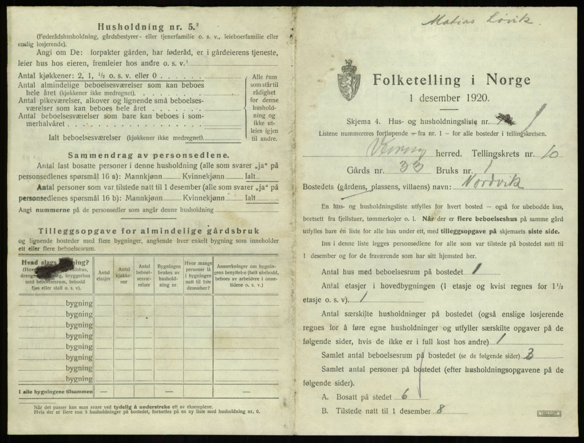 SAB, 1920 census for Vevring, 1920, p. 396