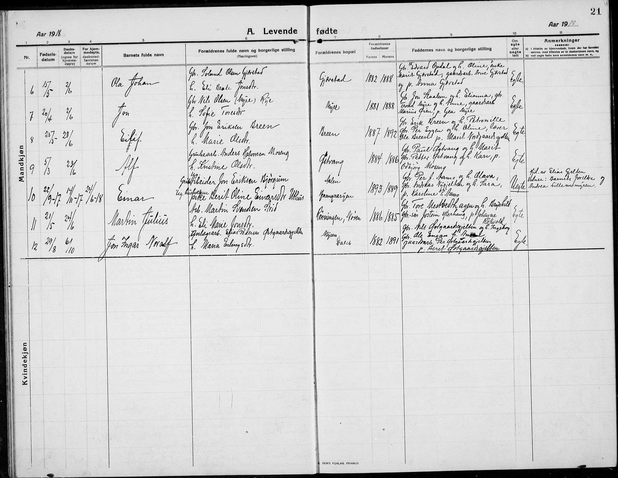 Tolga prestekontor, AV/SAH-PREST-062/L/L0014: Parish register (copy) no. 14, 1913-1936, p. 21