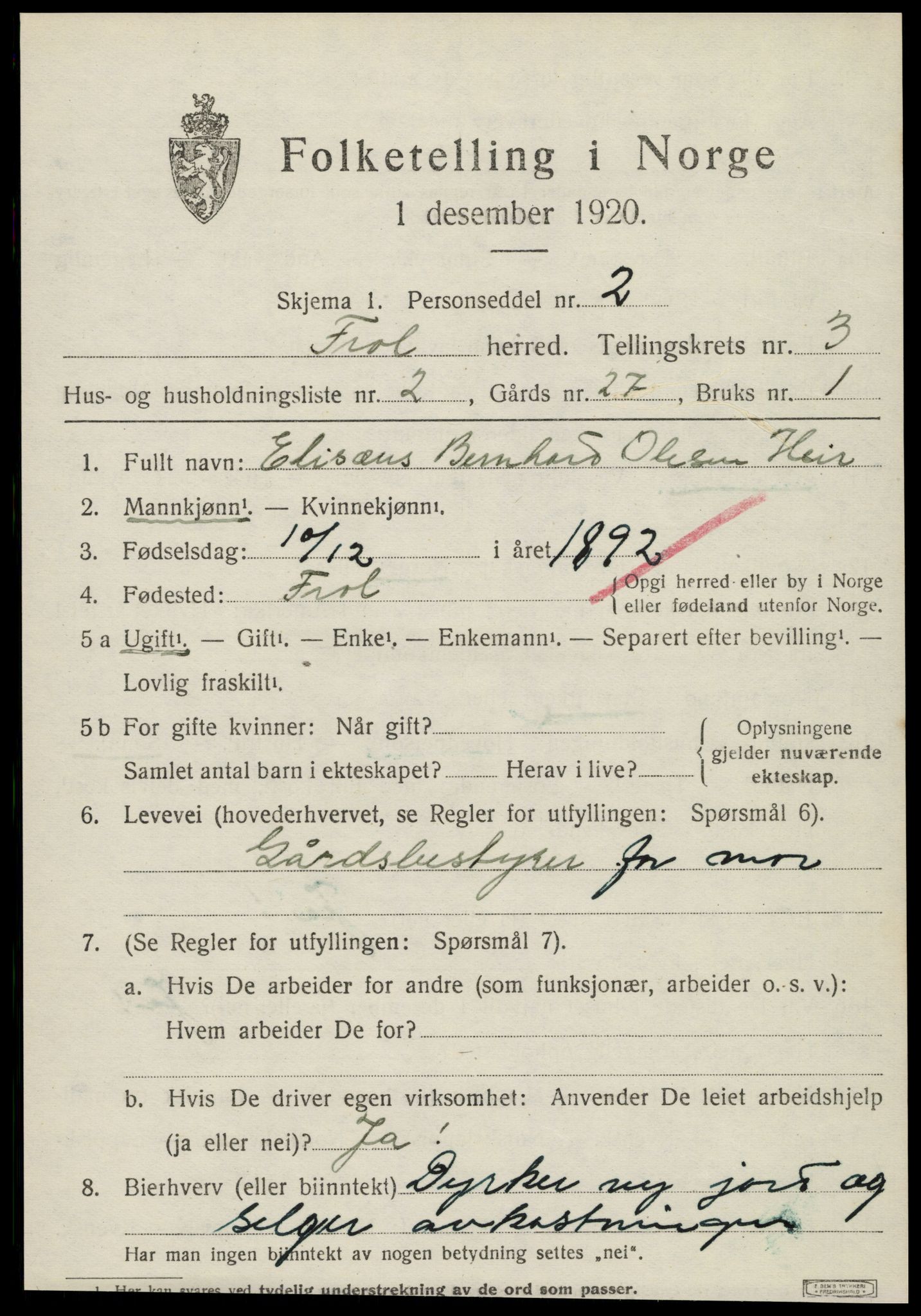 SAT, 1920 census for Frol, 1920, p. 3009