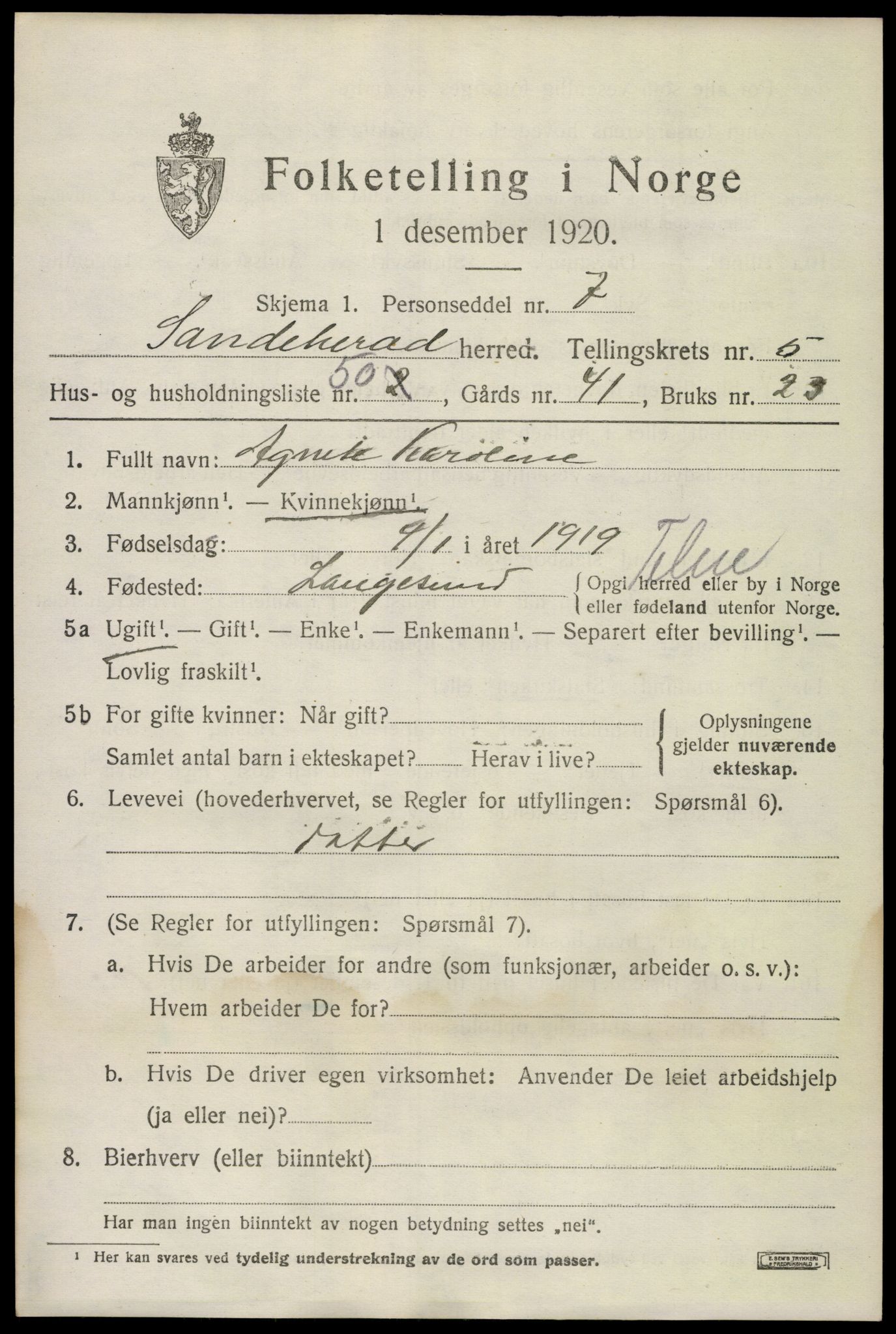 SAKO, 1920 census for Sandeherred, 1920, p. 8656