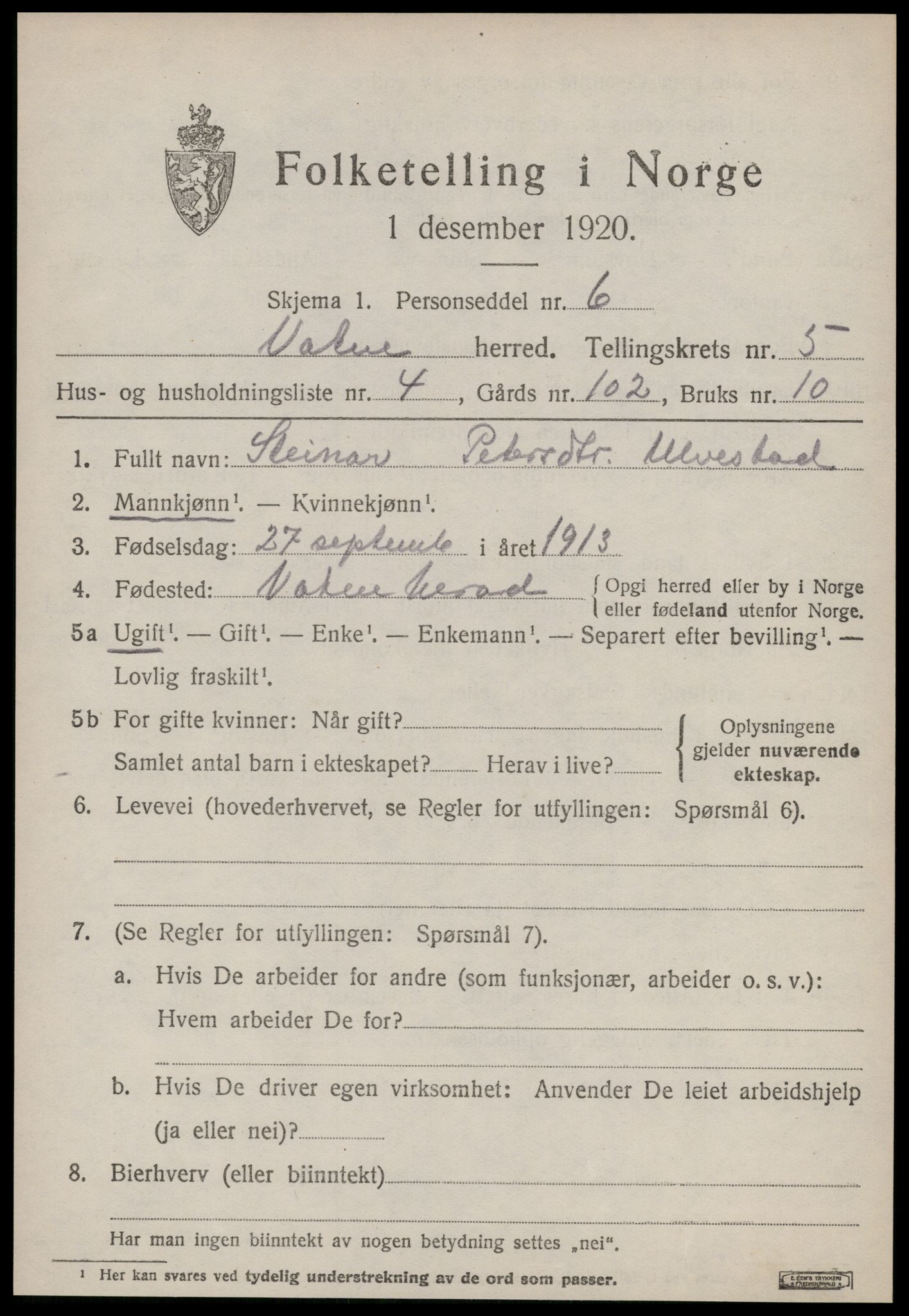 SAT, 1920 census for Vatne, 1920, p. 2202
