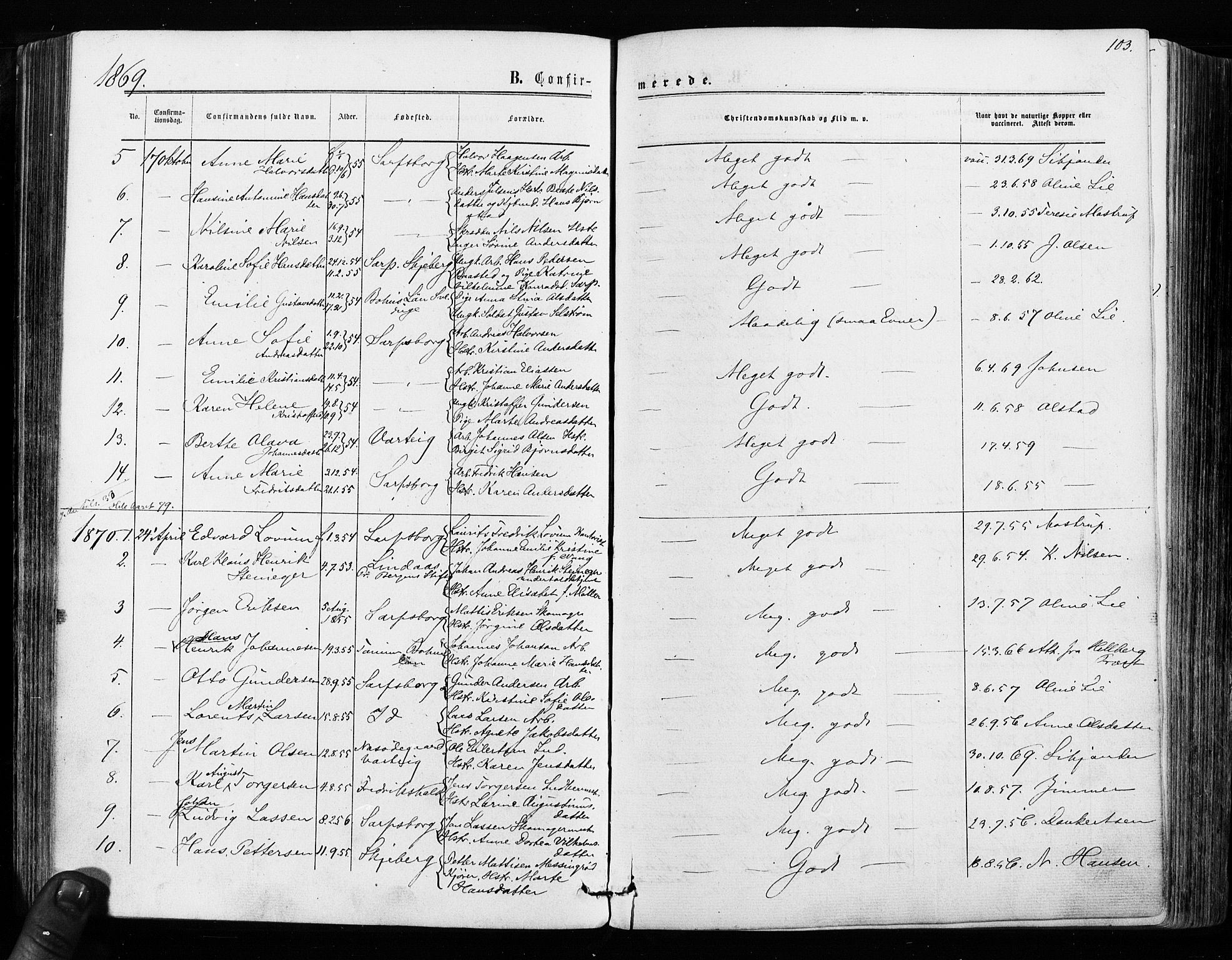 Sarpsborg prestekontor Kirkebøker, SAO/A-2006/F/Fa/L0002: Parish register (official) no. 2, 1869-1877, p. 103