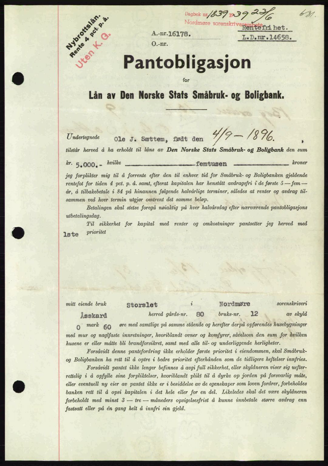 Nordmøre sorenskriveri, AV/SAT-A-4132/1/2/2Ca: Mortgage book no. B85, 1939-1939, Diary no: : 1839/1939