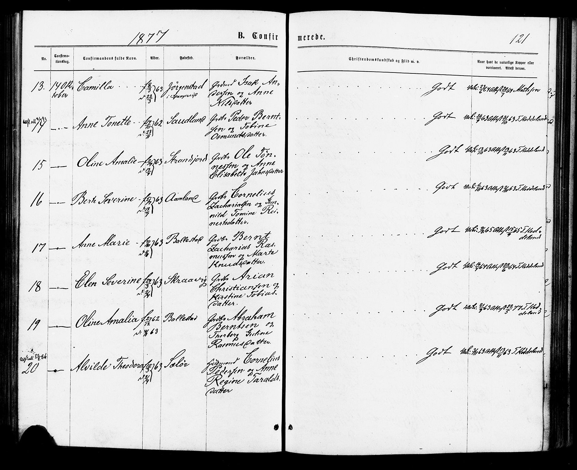 Lyngdal sokneprestkontor, AV/SAK-1111-0029/F/Fa/Faa/L0003: Parish register (official) no. A 3, 1871-1882, p. 121