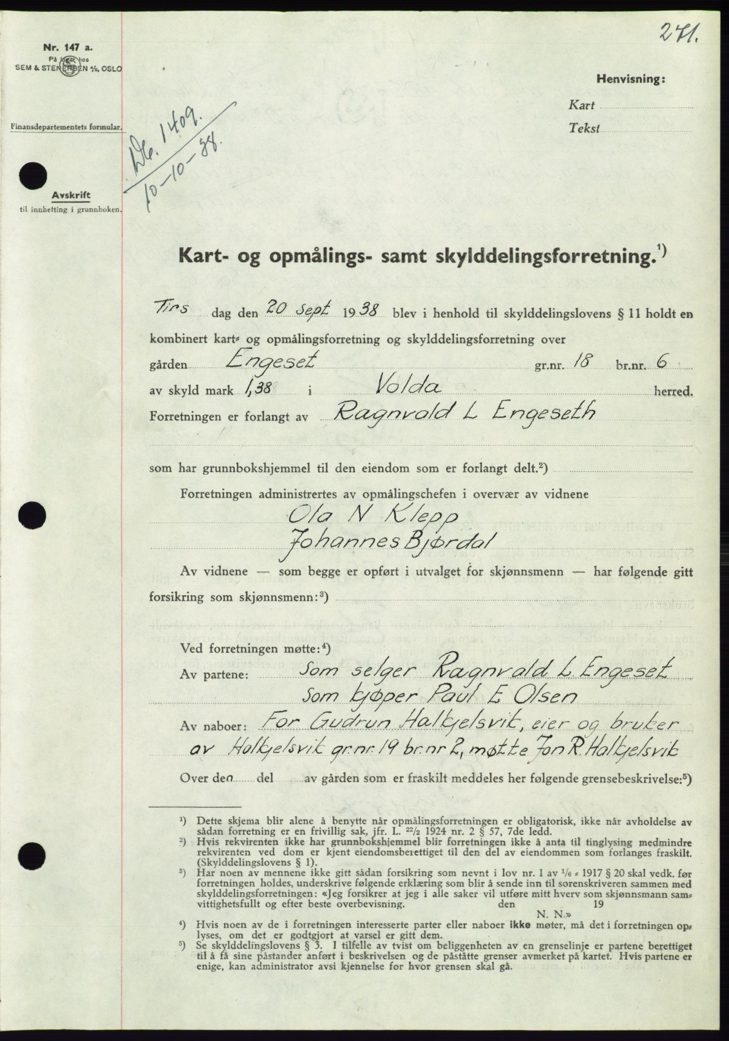 Søre Sunnmøre sorenskriveri, AV/SAT-A-4122/1/2/2C/L0066: Mortgage book no. 60, 1938-1938, Diary no: : 1409/1938