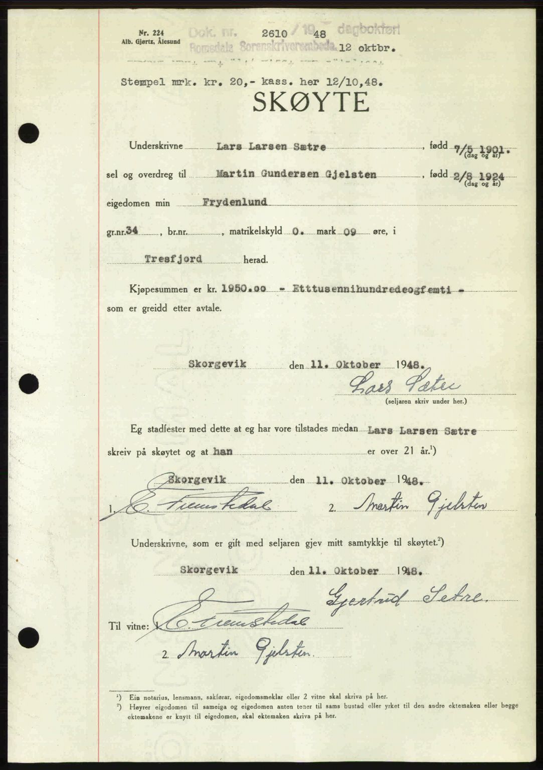 Romsdal sorenskriveri, AV/SAT-A-4149/1/2/2C: Mortgage book no. A27, 1948-1948, Diary no: : 2610/1948