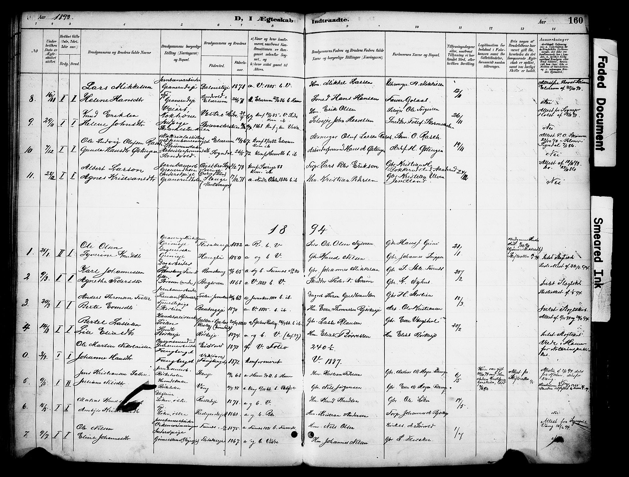 Ringsaker prestekontor, SAH/PREST-014/K/Ka/L0016: Parish register (official) no. 16, 1891-1904, p. 160